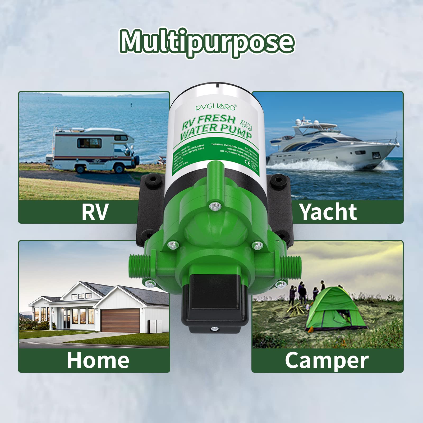 Rvguard Fresh Water Pump, 12V Dc Self Priming Diaphragm Water Pump, 3.5 Gpm With Strainer Filter, Adapters, For Rv, Yacht, Garden, Camper
