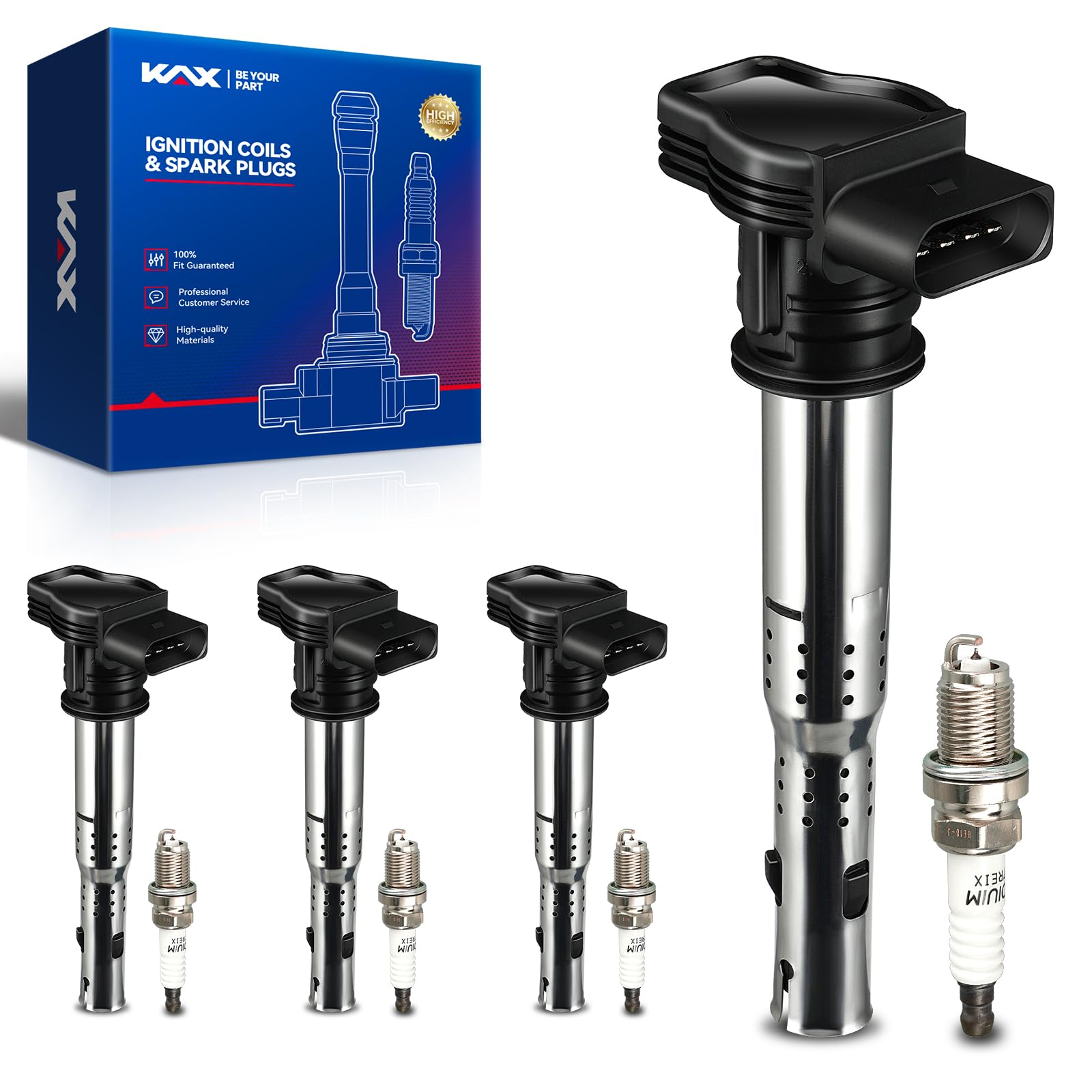 KAX 4-Pack Ignition Coils and Iridium Spark Plug Set for Audi A3 A4 A5 A6 Q5 R8 TT TTS RS4 RS5 allroad, Volkswagen Jetta Passat 