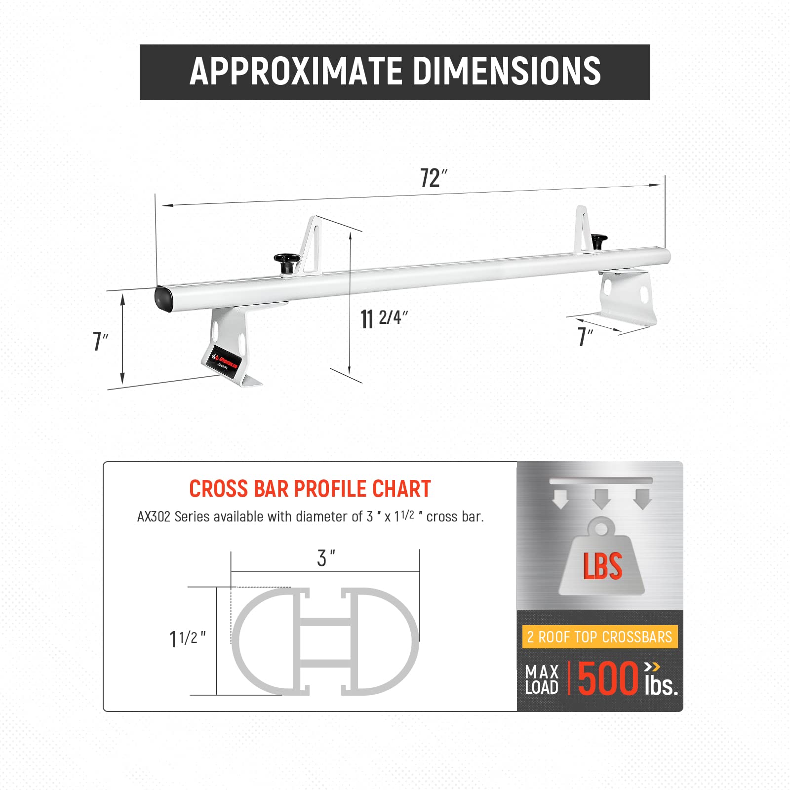 AA Racks Model AX302 Aluminum Van Ladder Roof Rack System Fits for 2013-On RAM ProMaster/ 2015-On Transit - 2 Bar 72'', White