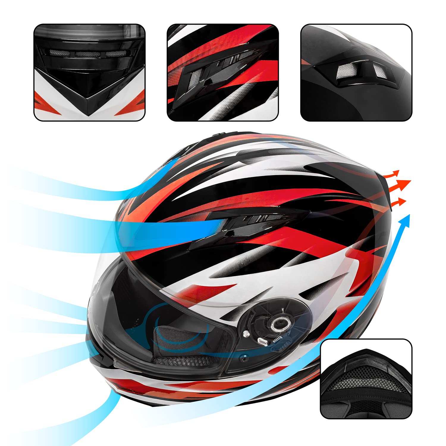 Vcan Vx Lightweight Full Face Motorcycle Street Bike Helmet With Extra Tinted Visor Dot Approved (Gloss Black Stream Red, Large)