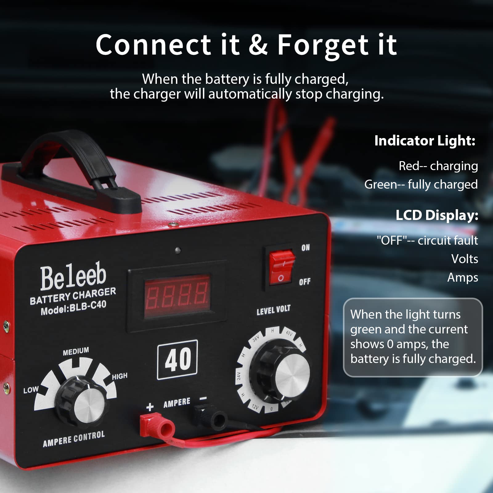 Beleeb C40 Adjustable Battery Charger 12V-72V, 16A Desulfator for Lead-Acid & LiFePO4, Red & Black