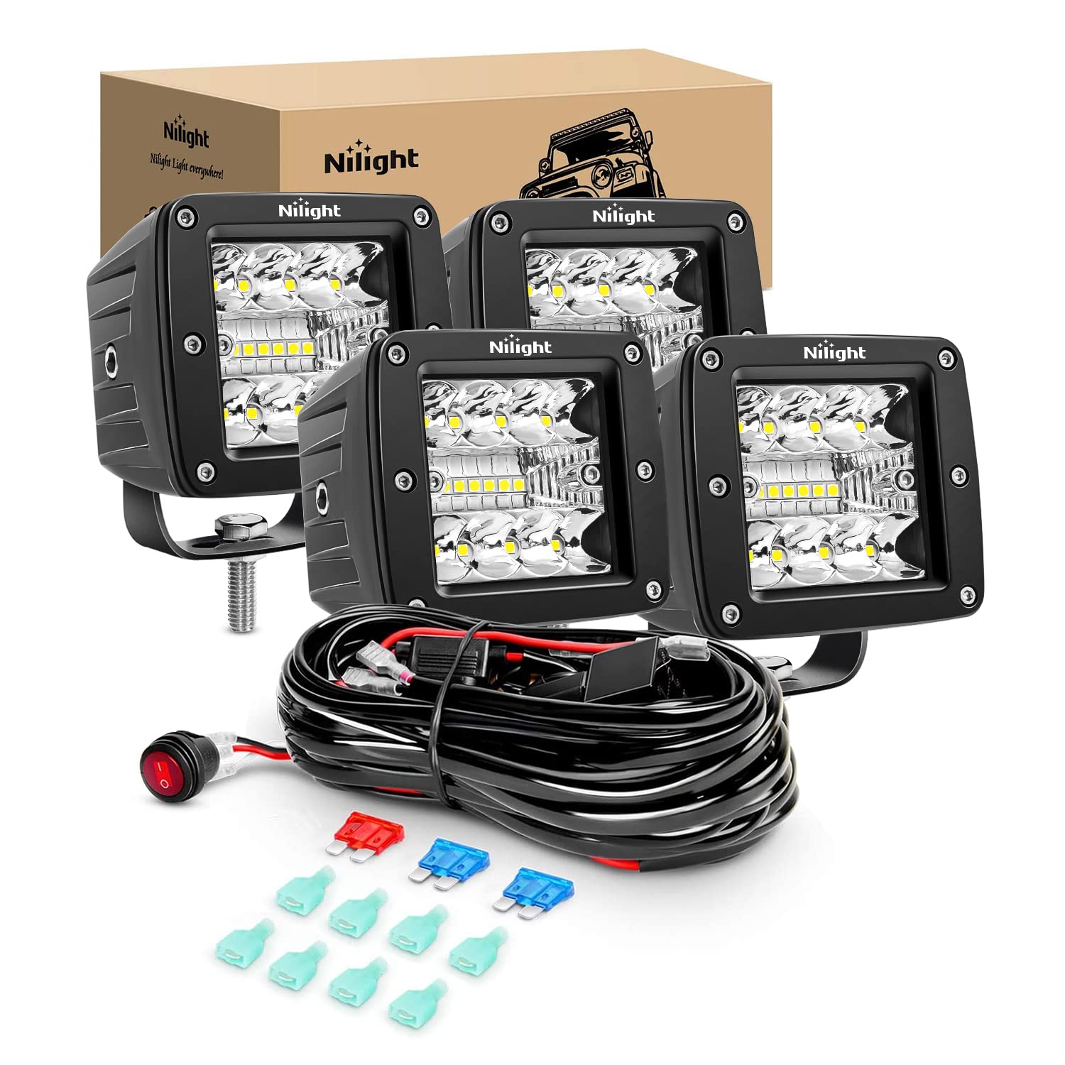 Nilight 4Pcs Led Pods 3Inch 42W Led Cubes Upgraded Spot Flood Combo Driving Backup Reverse Light Bar W/Off Road Wiring Harness K
