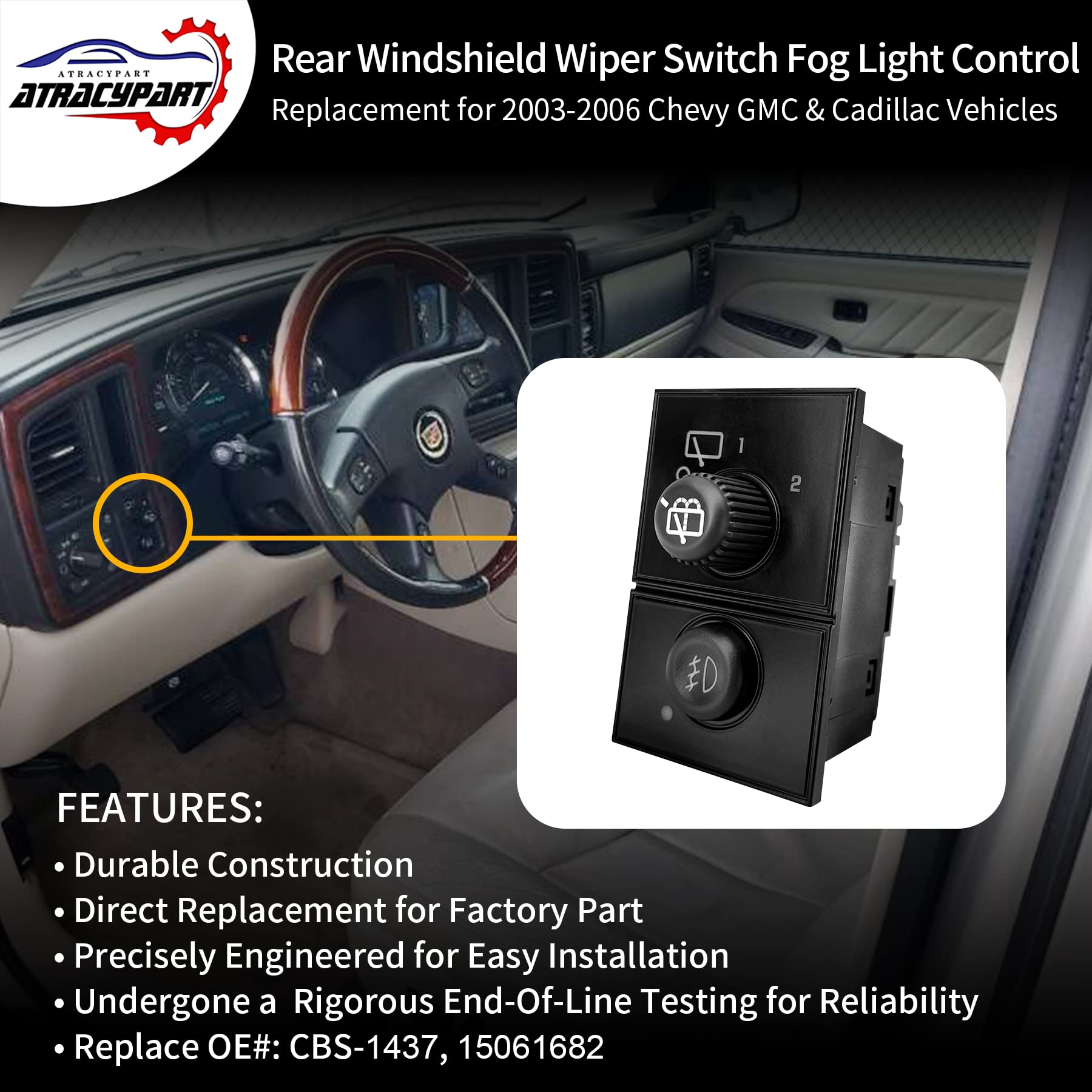 Rear Windshield Wiper Switch Fog Light Control | Replacement For 2003-2006 Chevy Suburban 1500/2500, Tahoe, Gmc Yukon Xl 1500/25
