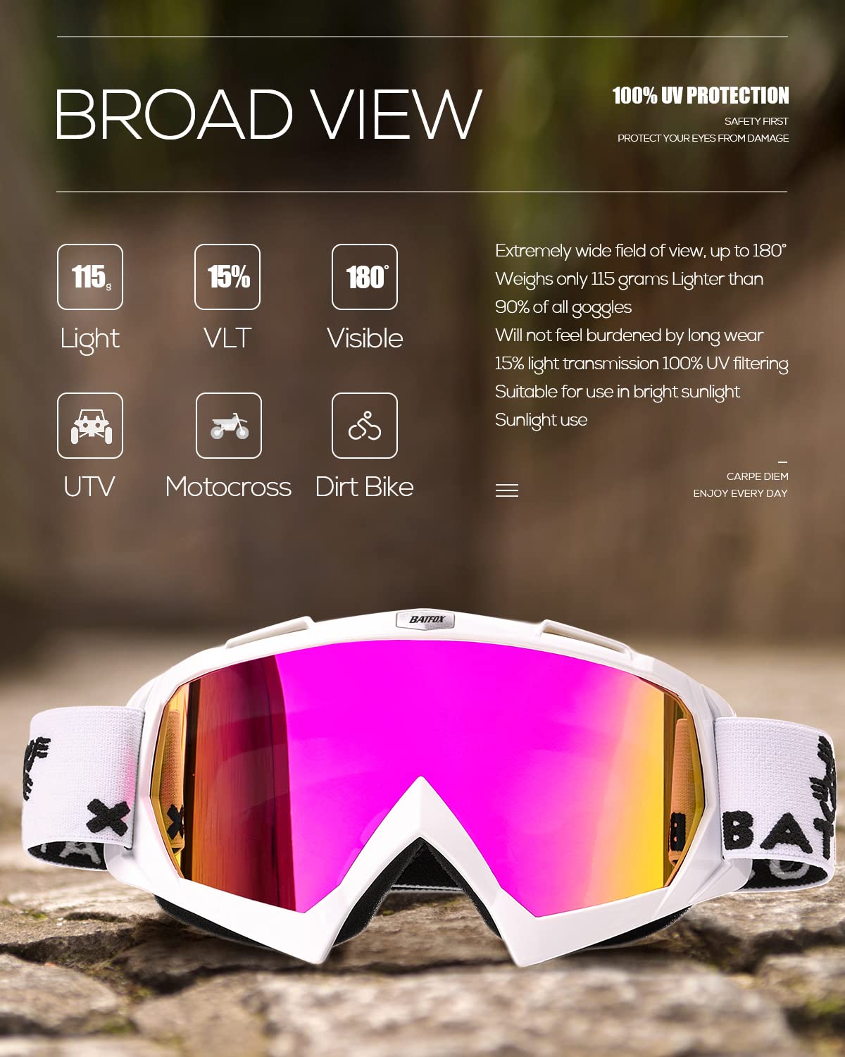 BATFOX Dirt Bike Goggles - UV400 Protection, Dust-proof, Anti-Slip Strap, 6 x 2.5 inch, White/Pure Purple, Model F-816