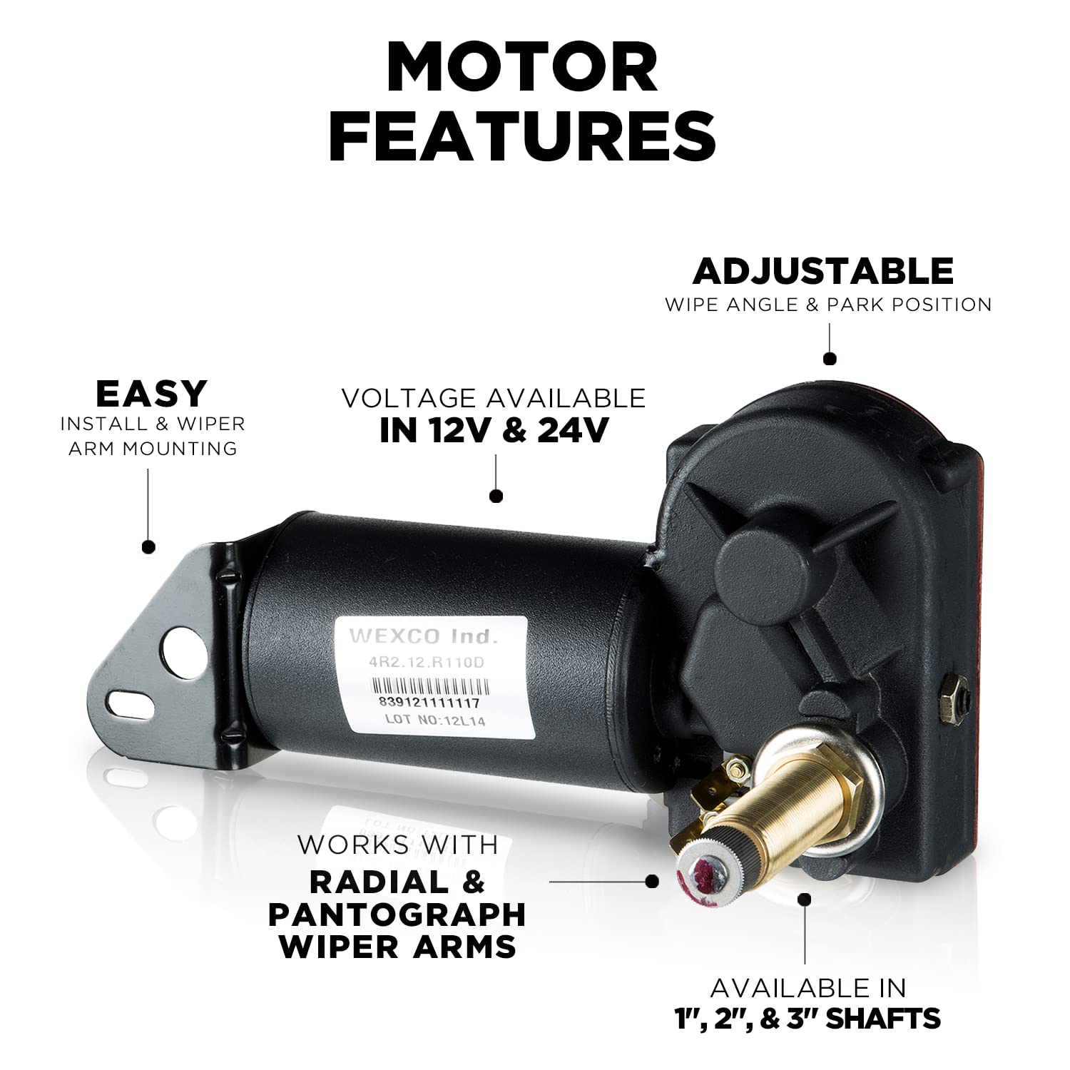 Wexco Wiper Motor, 4R2.24.R110D, Two And A Half Inch (2.5'') Shaft, 24V