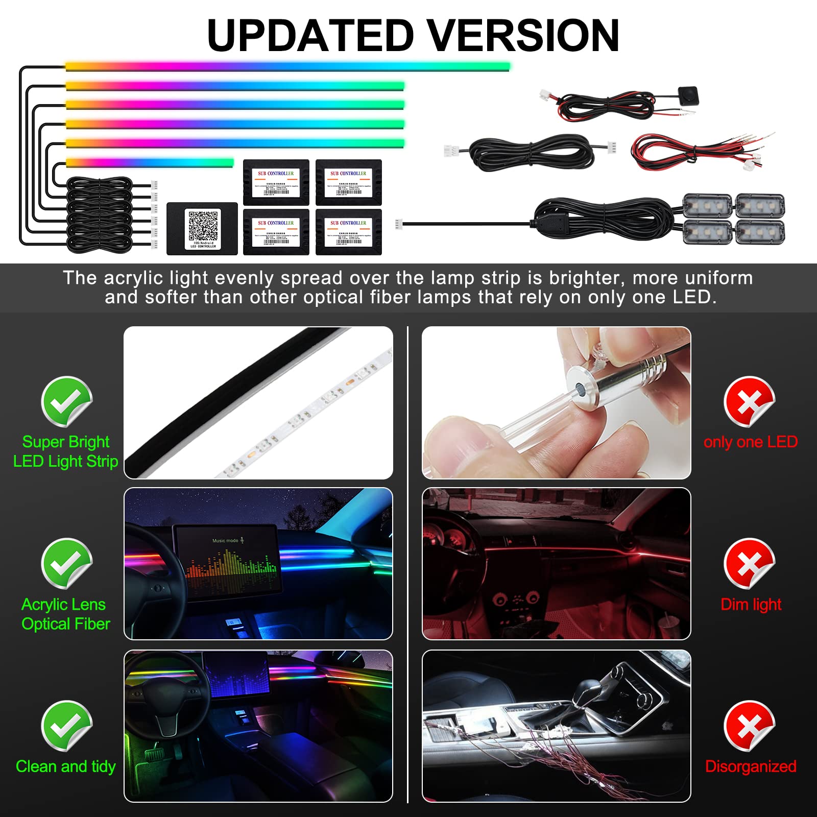 Dreamcolor Acrylic Interior Car Led Strip Light With Wireless App, Rgb 10 In 1 With 175 Inches 593 Leds Fiber Optic Ambient Ligh