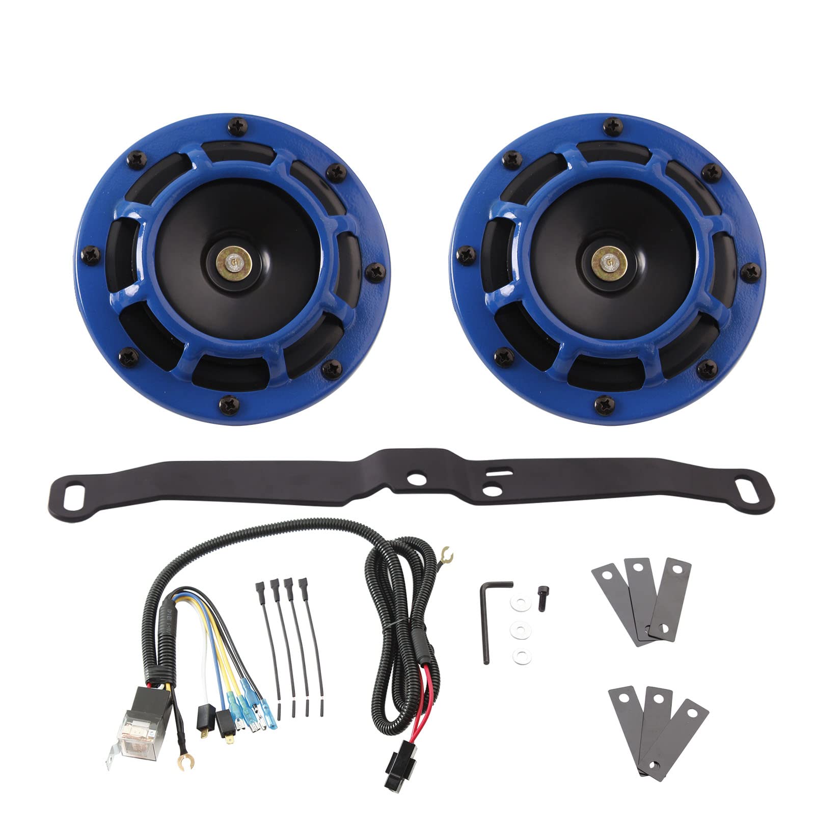 FARBIN Waterproof Car Horn Loud Super tone High Tone/Low Tone Metal Twin Horns Kit with Protective Grill (blue horn with harness
