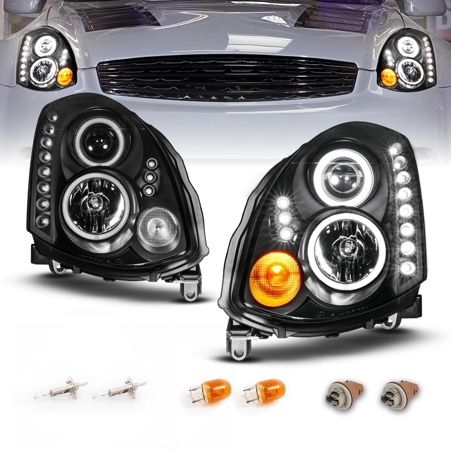 AmeriLite LED Projector Headlights Set for 2003-2007 Infiniti G35 Coupe - Dual Xtreme Halo Rings, Chrome, HID Compatible