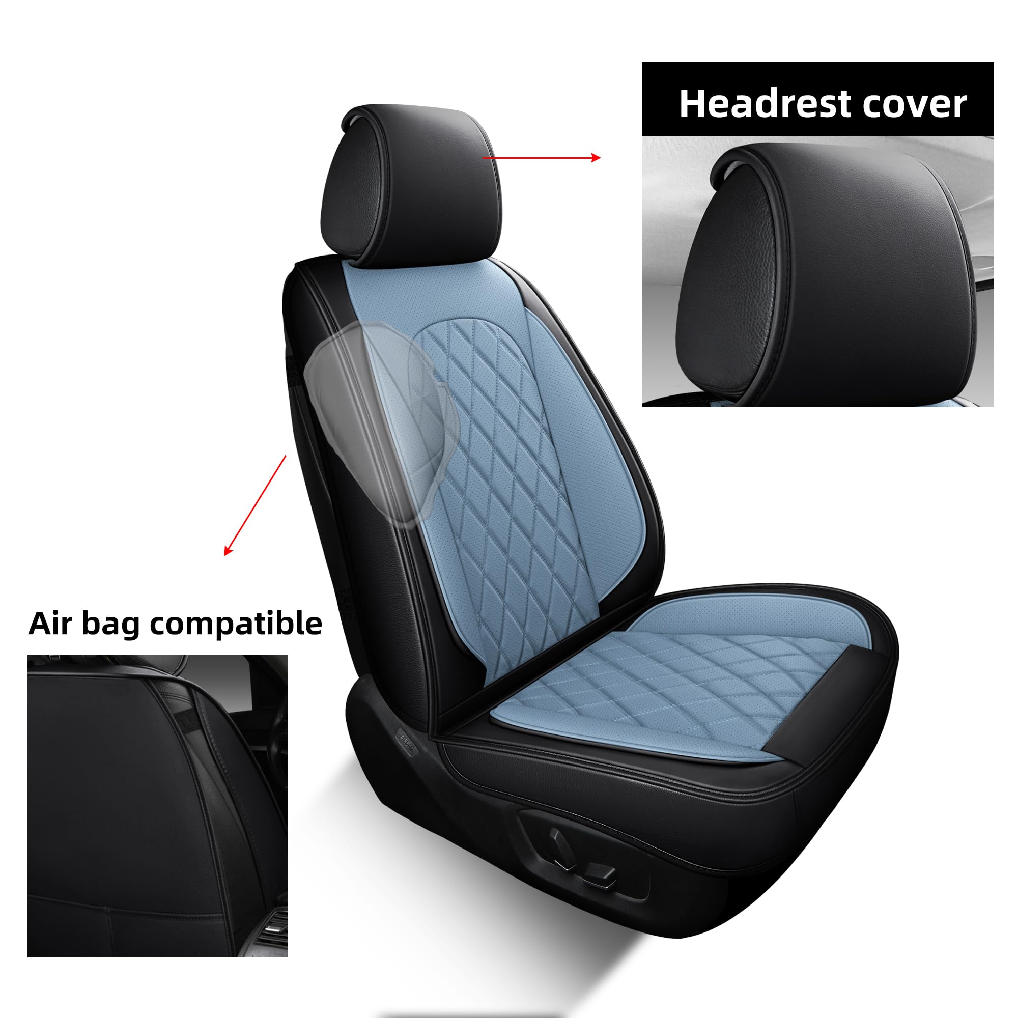 LINGVIDO Car Seat Covers Set - Premium Nappa Leather, Front Only (2 Seats), Black & Light Blue, Model Lingzhu07, Durable & Comfortable