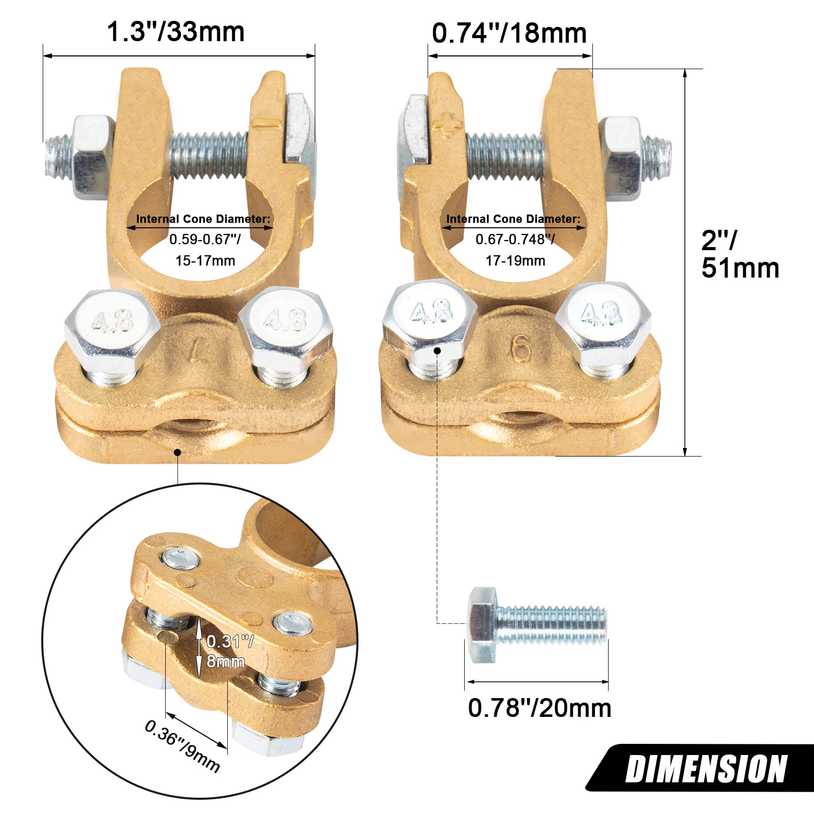 CZC AUTO Battery Terminals Connectors Clamps, Brass Positive & Negative Top Post Battery Terminal Protector Set for Marine Car B