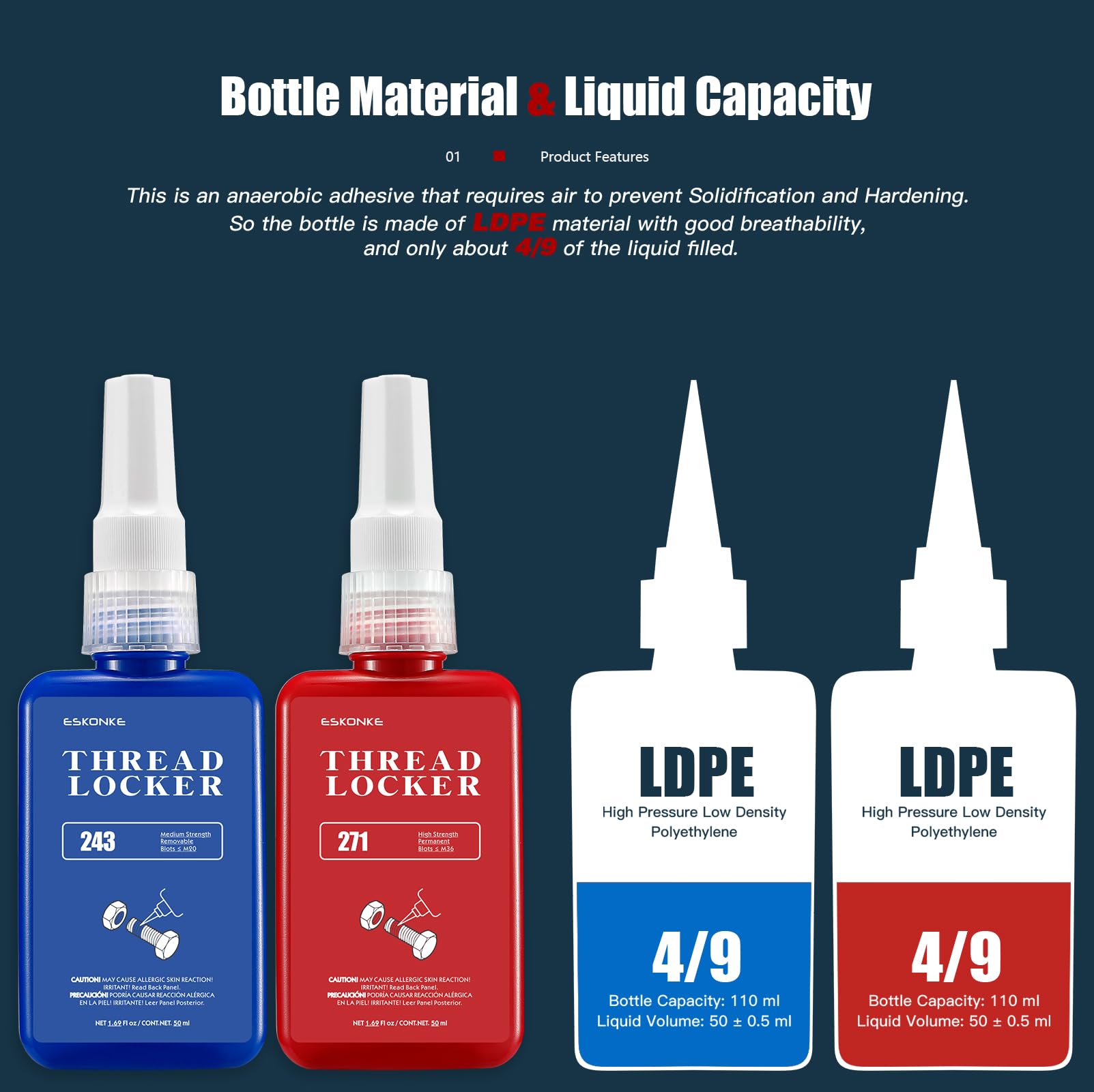 ESKONKE 4 Pack Thread Locker Set - Blue 242/243, Red 271, Purple 222, Low/Medium/High Strength Anaerobic Metal Glue