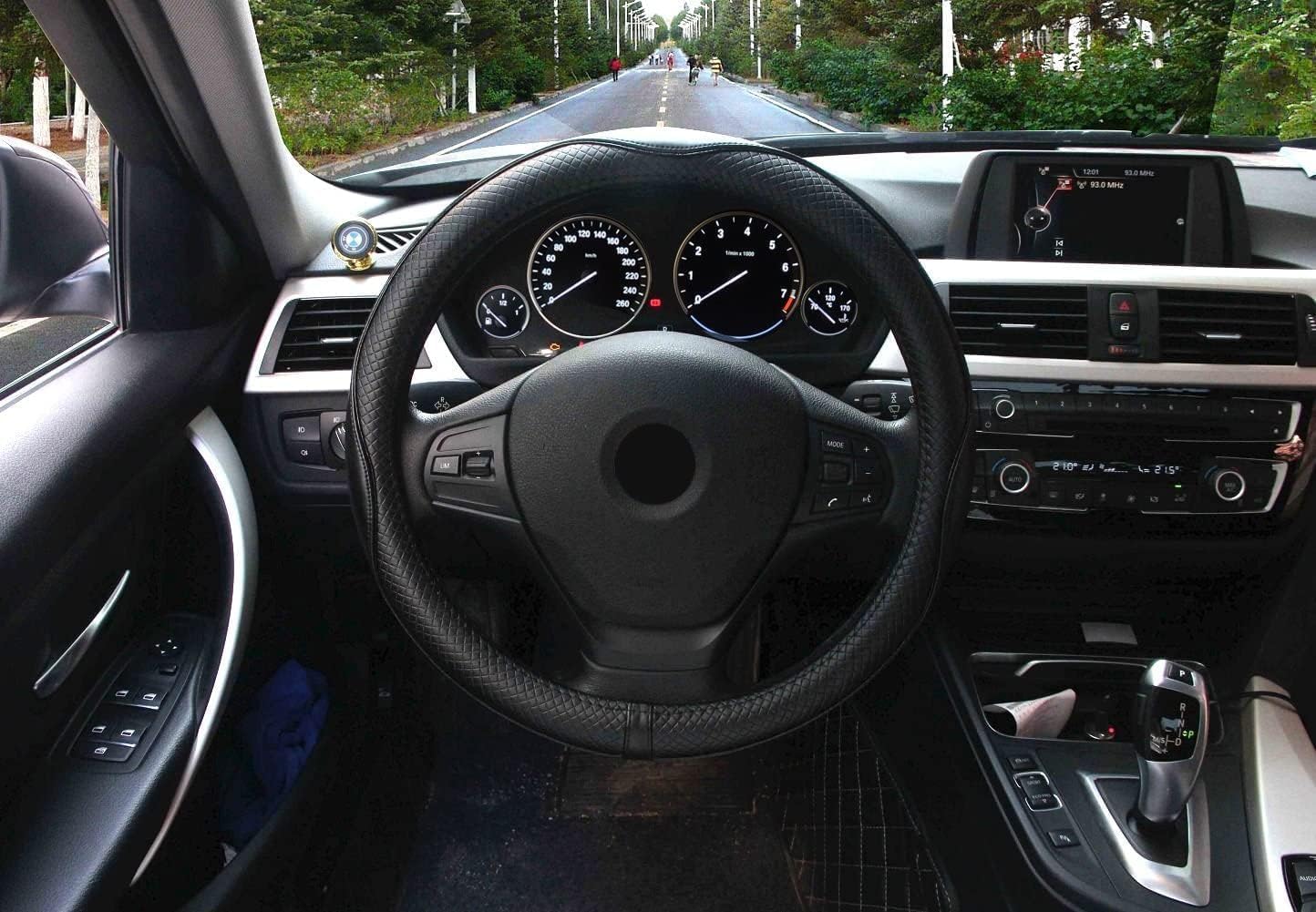 Valleycomfy 15" Genuine Leather Steering Wheel Cover - Breathable, Anti-Slip, Black with Black Lines, Size M(14.5"-15.25")