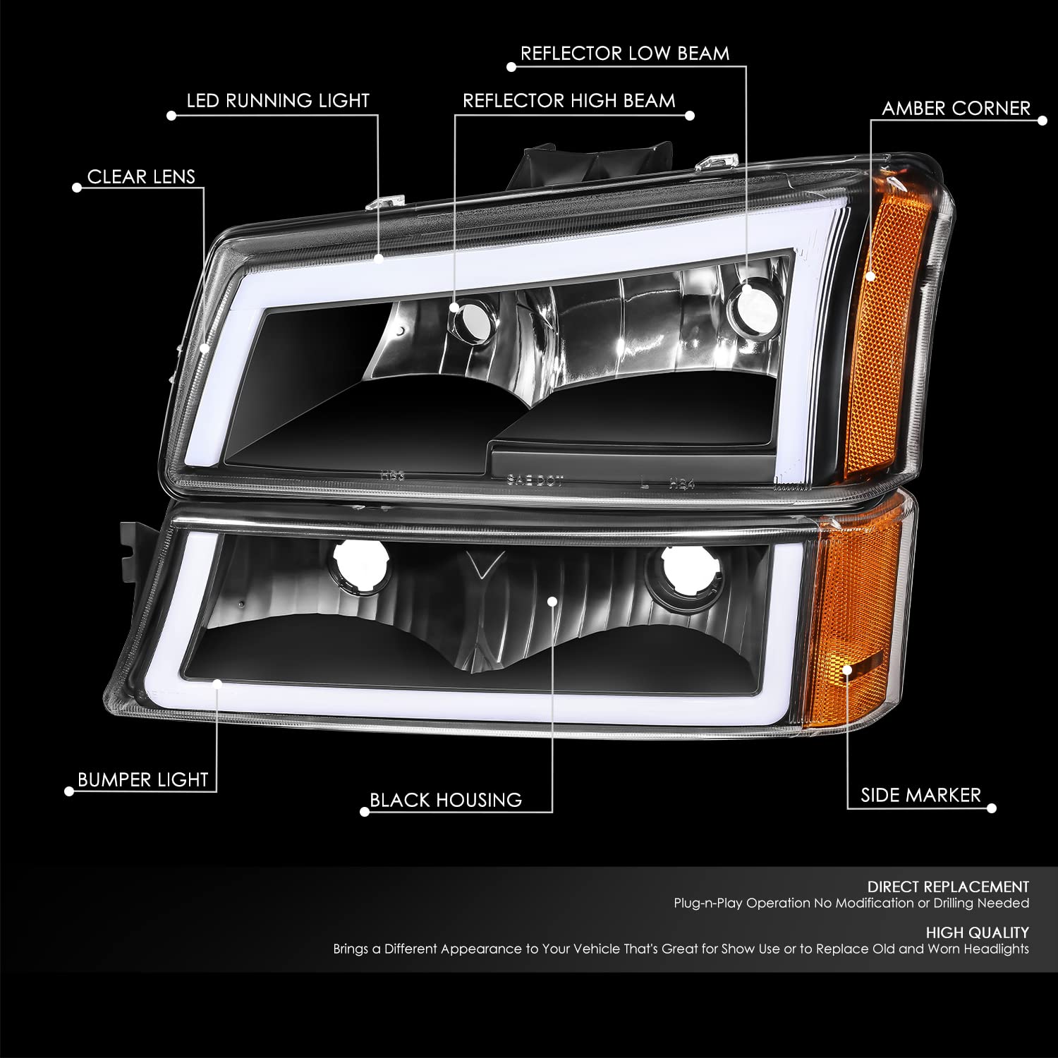 Dna Motoring Hl-Lb5-Csil03-Bk-Am Pair Of Led Drl Headlights W/Parking Turn Signal Compatible With 03-06 Avalanche 1500 2500 / Si