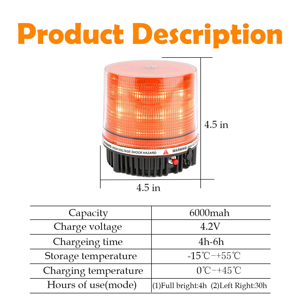 LE-JX Amber Wireless Rotating Beacon Light, 12V Magnetic Base, Rechargeable, 18 LED, Model LJX-52036