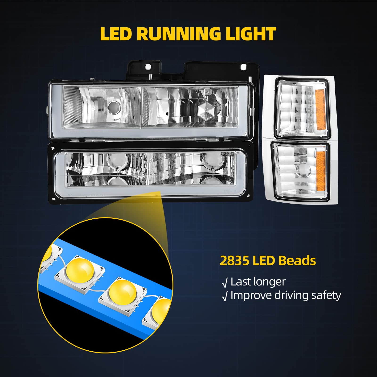 Dwvo Led Drl Headlights Assembly Compatible With 1994-1999 Chevy Silverado/Suburban/Tahoe / C10 Pickup/C/K 1500 2500 3500 Truck
