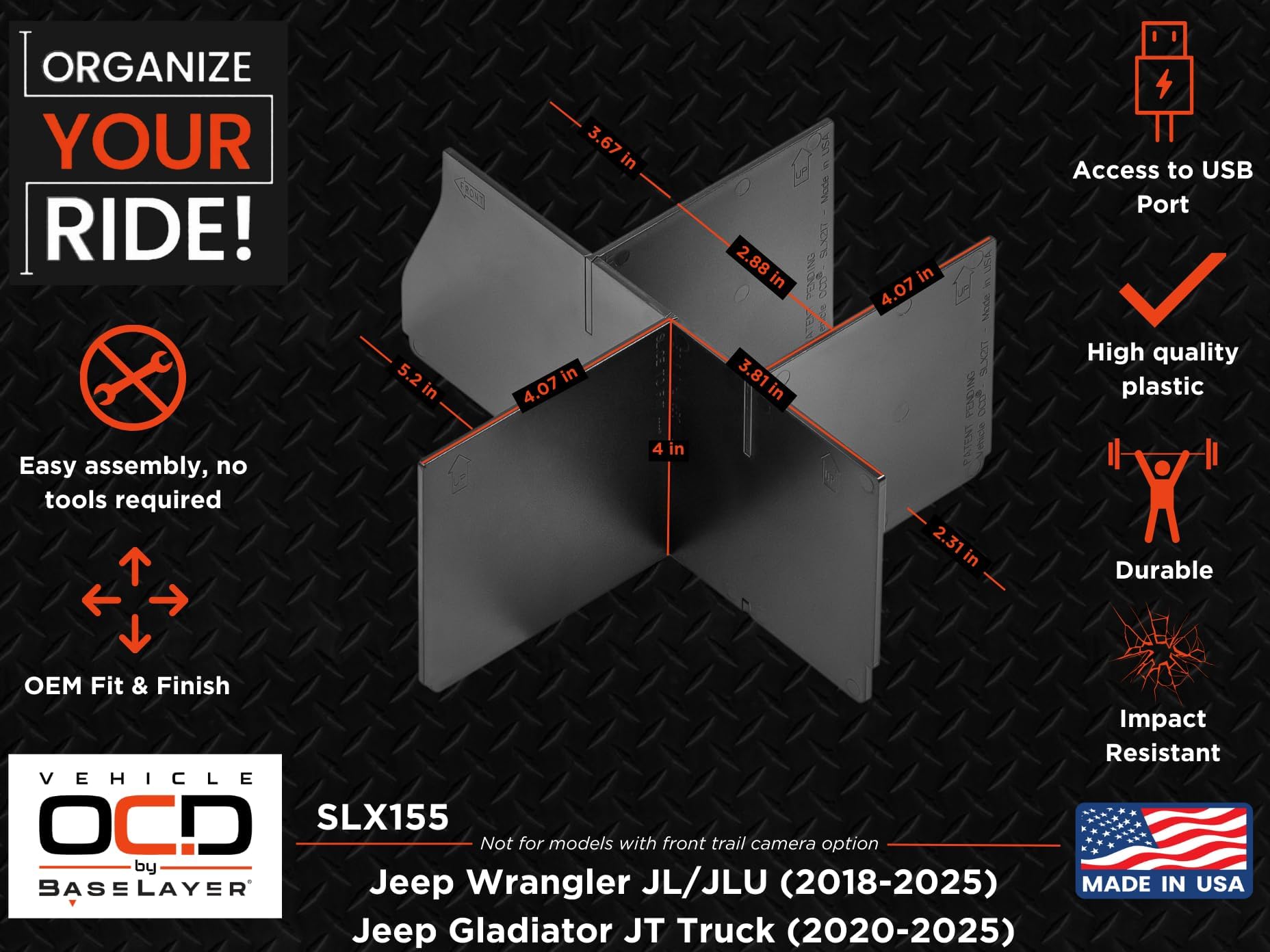 Vehicle Ocd - Center Console Divider And Tray Organizer For Jeep Wrangler Jl/Jlu (2018-2025) Gladiator Jt Truck (2020-2025) - Ma