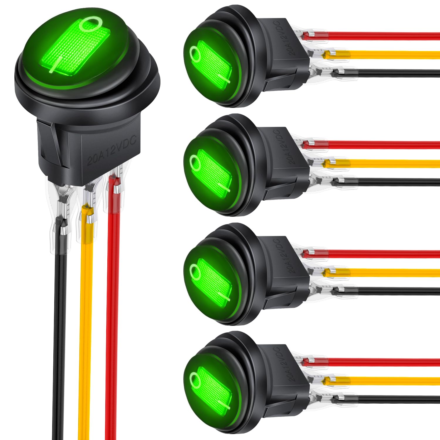 Nilight 5Pcs Waterproof Round Rocker Toggle Green Led Switch 12V 20A 3 Pin On Off Spst For Car Truck Boat Marine Automotive Rv W