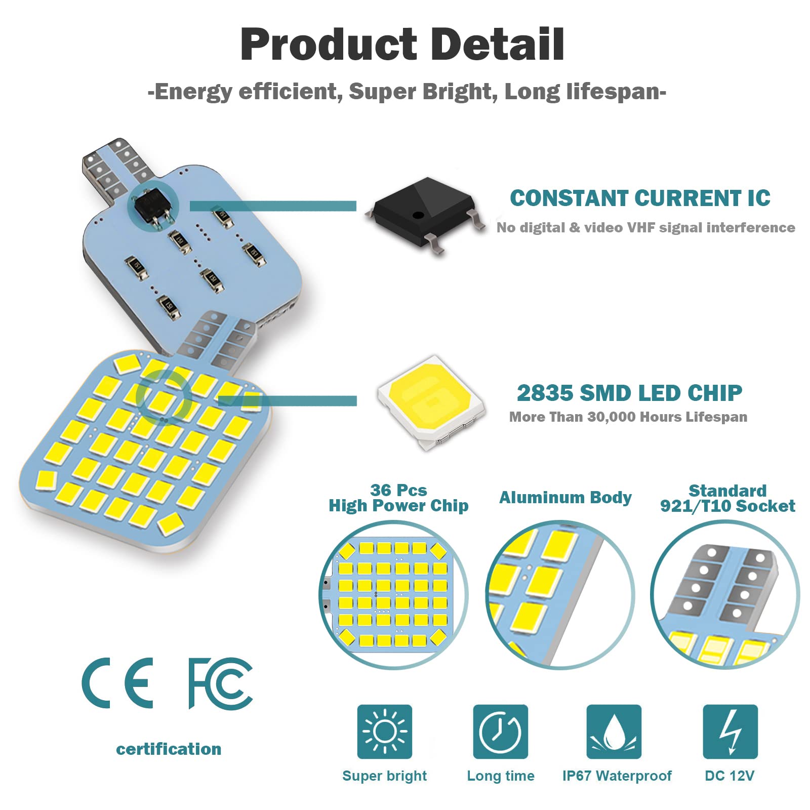 Xishwon 20PCS T10 RV Interior LED Bulbs, 36-SMD 6500K White, Aluminum, 1.45"x1.22"x0.08", Super Bright