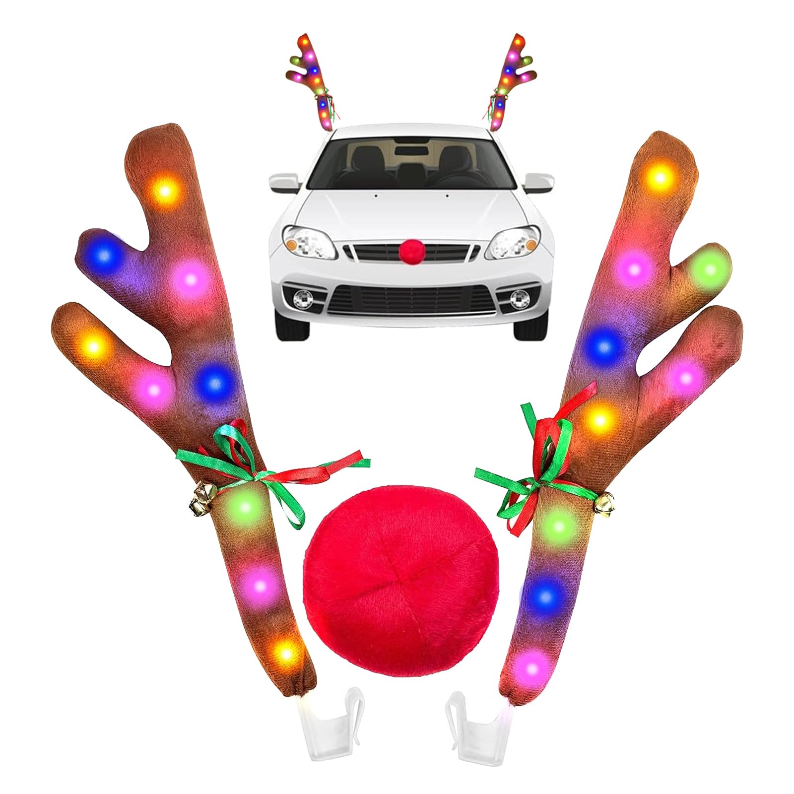 Car Christmas Decorations Reindeer Antler With Light, Christmas Car Decor Kit With Jingle Bells Rudolph Reindeer And Red Nose, C