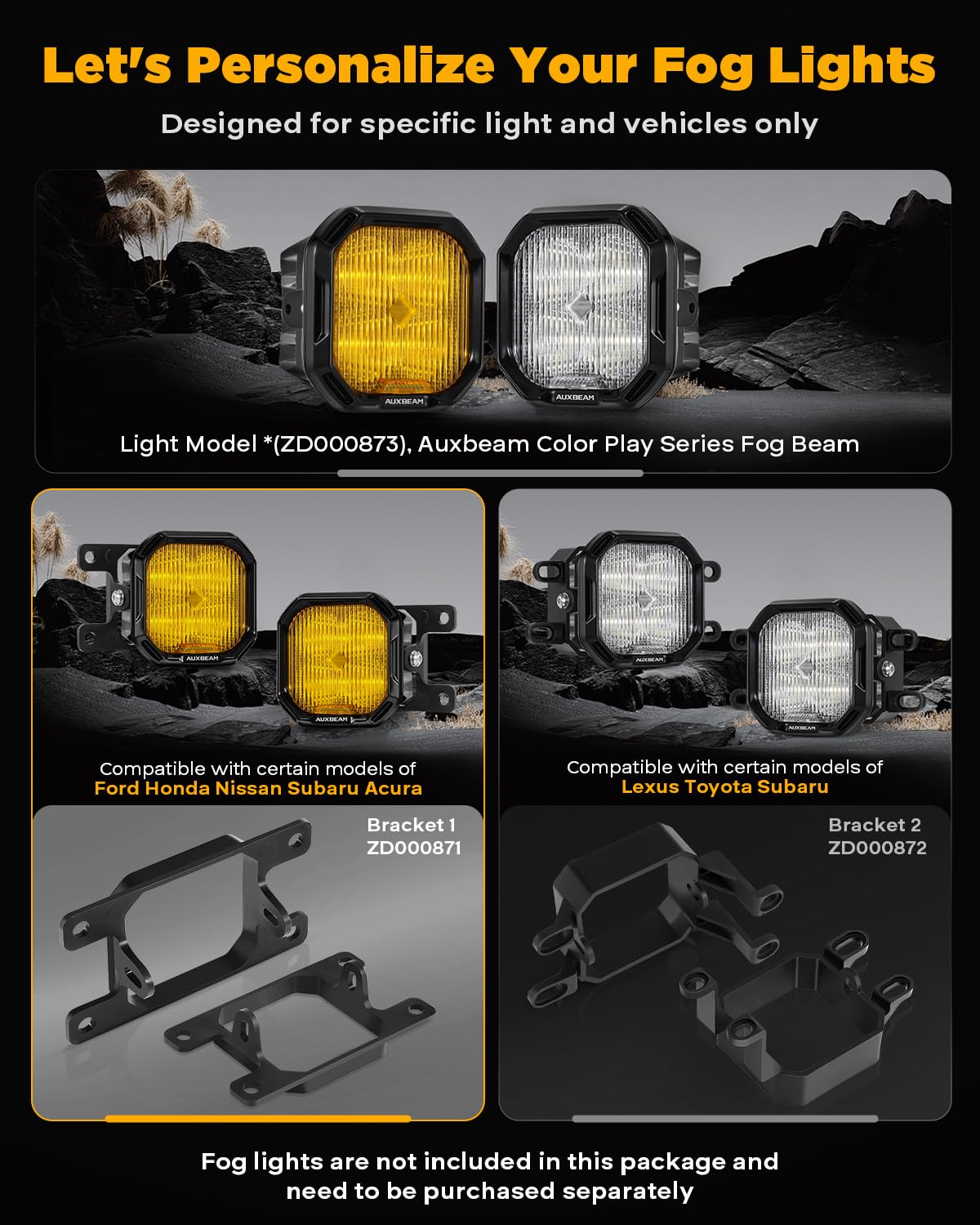 Auxbeam Color Play Series Fog Light Brackets, For Ford Honda Nissan Subaru Acura, Bracket & Adapter Included, Flush Mount Off Ro