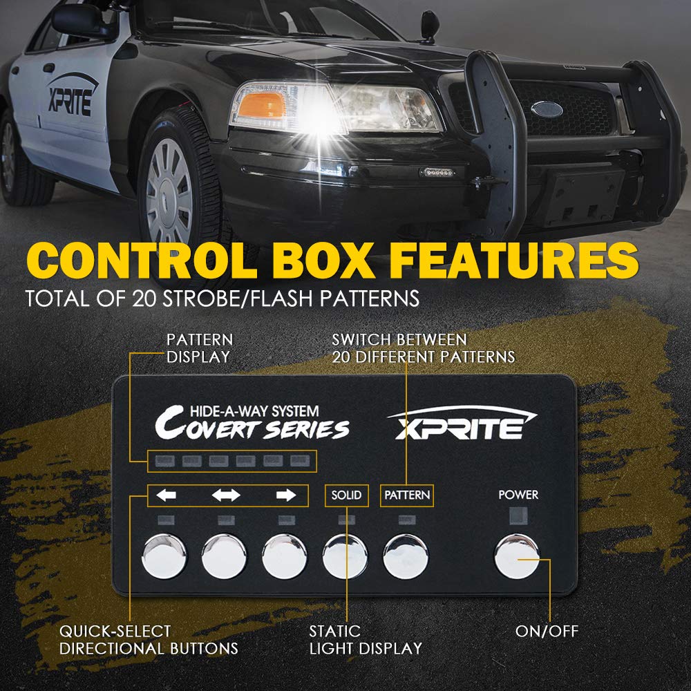 Xprite White Amber Led Hideaway Strobe Lights Kit 20 Flashing Patterns W/Control Panel Headlights Taillights Fog Marker Light Mo