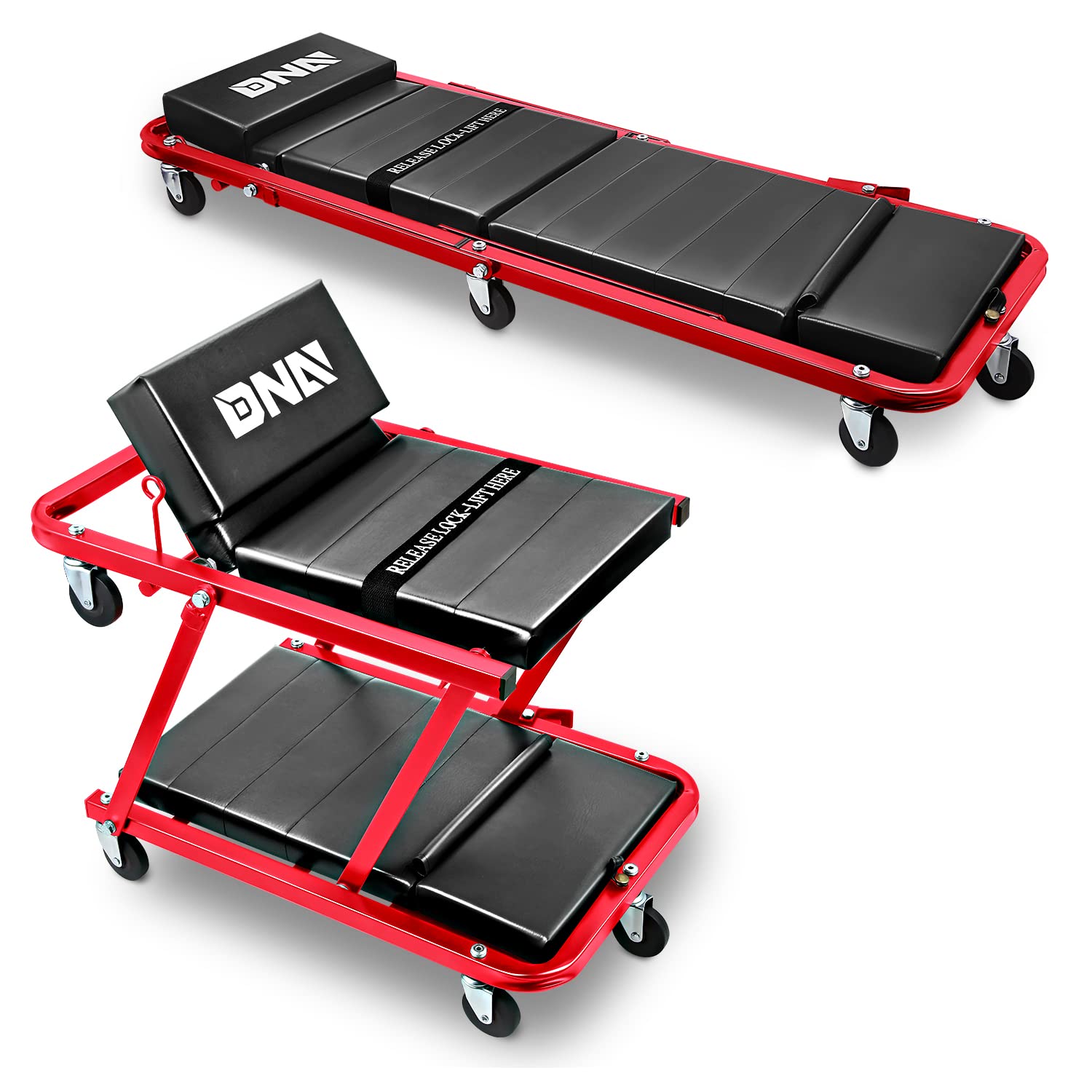 Dna Motoring Tools-00193 48'' 2 In 1 Folding Rolling Garage Shop Creeper Roller Seat, 7 Pcs 2'' Casters, 350 Lbs Weight Capacity