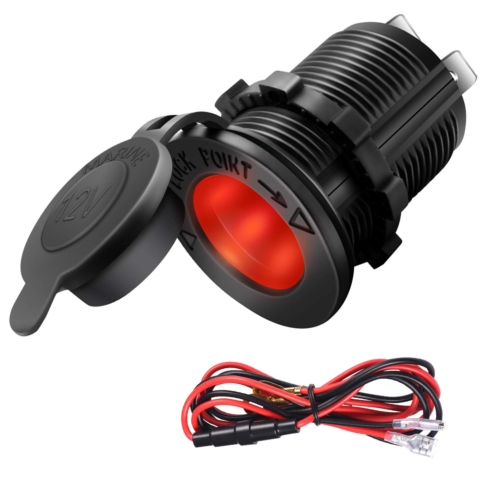 Cigarette Lighter Socket Car Marine Motorcycle Atv Rv Lighter Socket Power Outlet Socket Receptacle 12V Waterproof Plug (Led Red