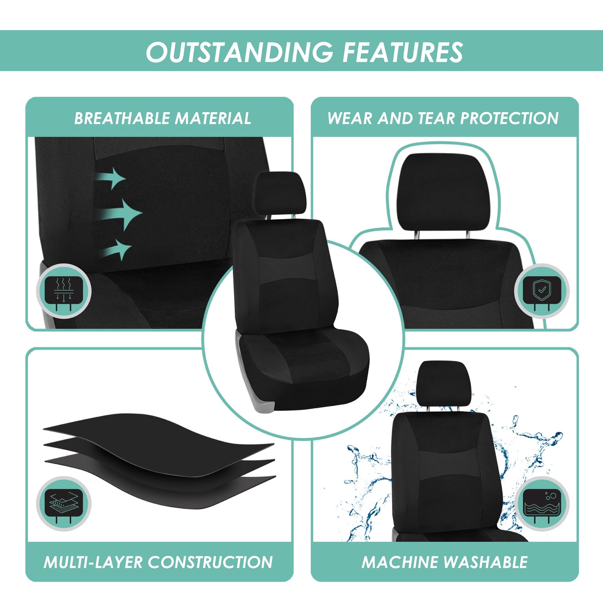 Fh Group Full Set Cloth Car Seat Covers, Universal Fit Front And Split Bench Rear, Airbag Compatible, Washable For Suv, Sedan, V