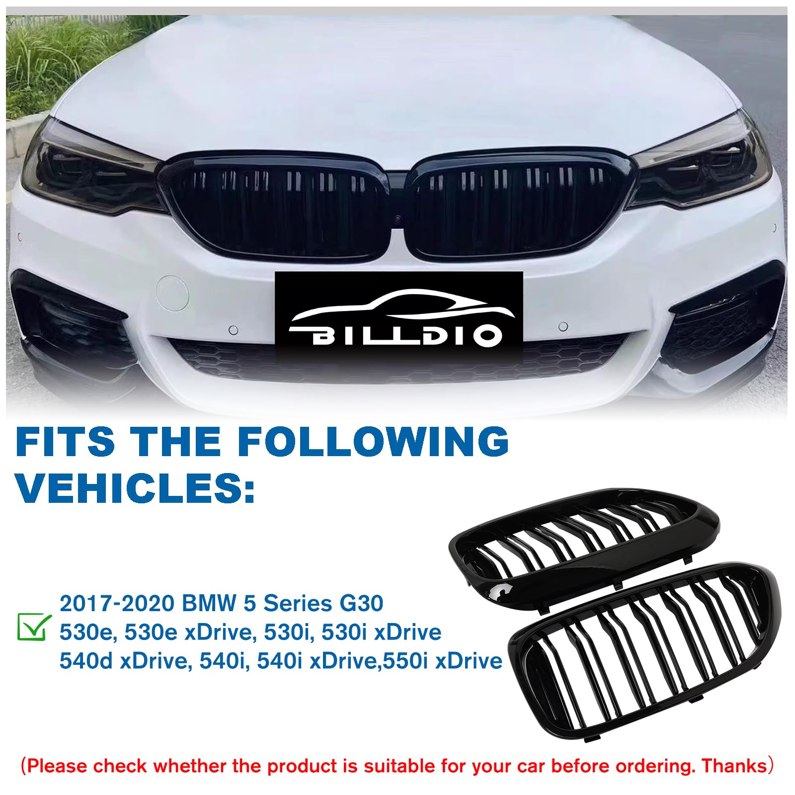 Billdio G30 Grille - Front Kidney Grille Double Slats Glossy Black Compatible With 2017 2018 2019 2020 Bmw 5 Series 530E 530E Xd