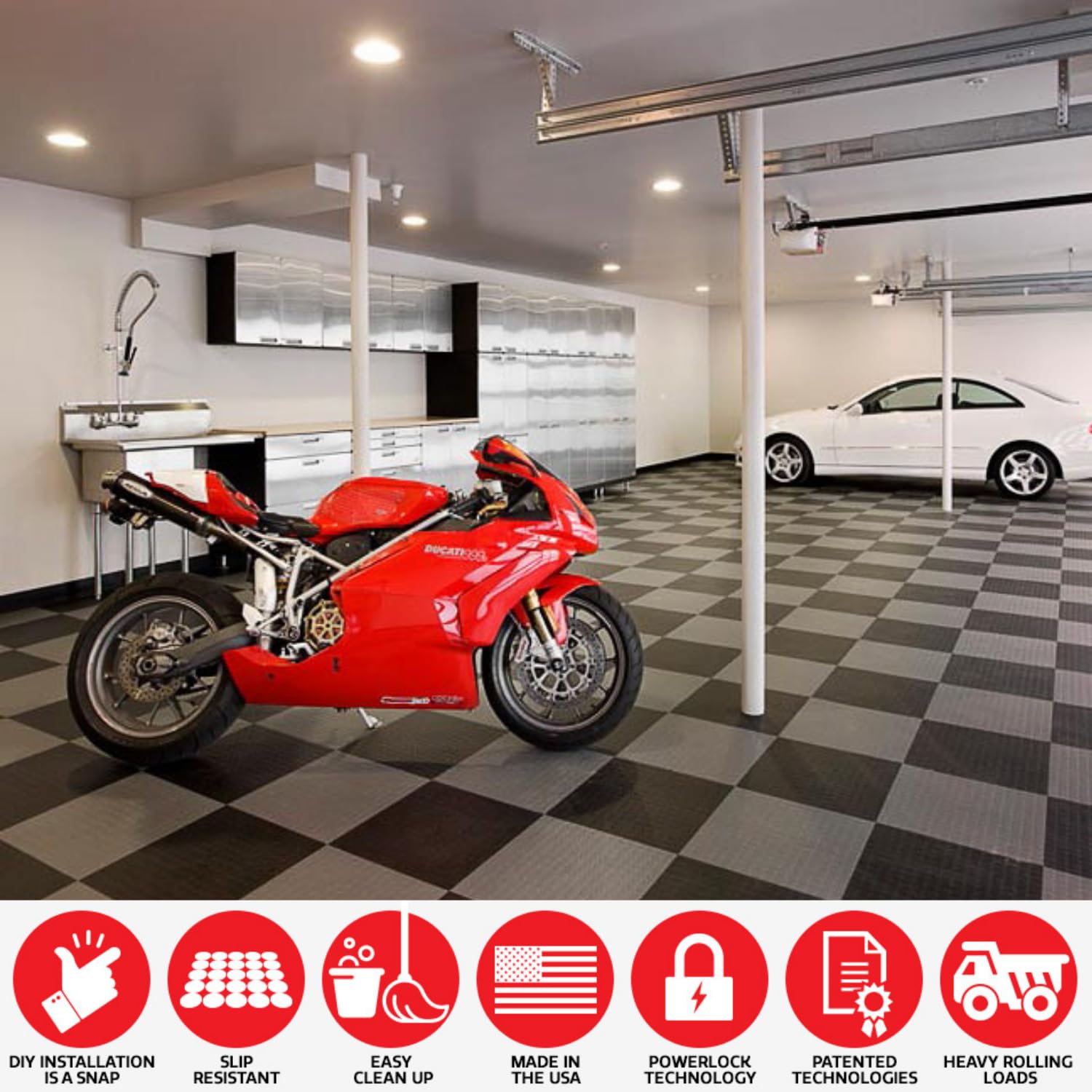 Big Floors Garagedeck Coin Pattern, Durable Copolymer Interlocking Modular Non-Slip Garage Flooring Tile (48 Pack), White