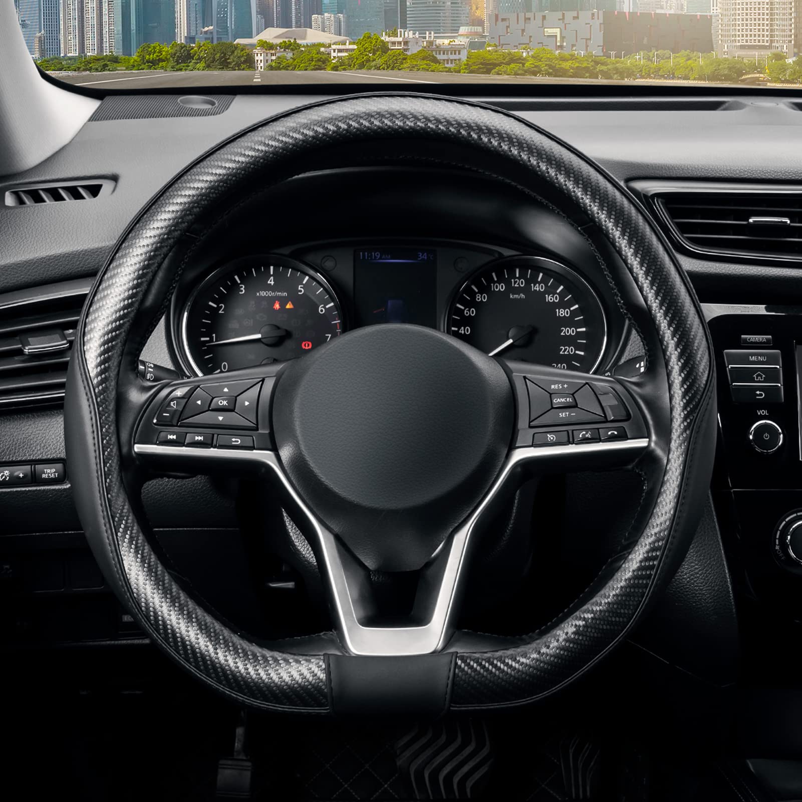 Seg Direct Flat Bottom Steering Wheel Cover Carbon Fiber, D Shaped Car Wheel Cover 14 1/2-15 In. (37-39 Cm), Black Microfiber Le