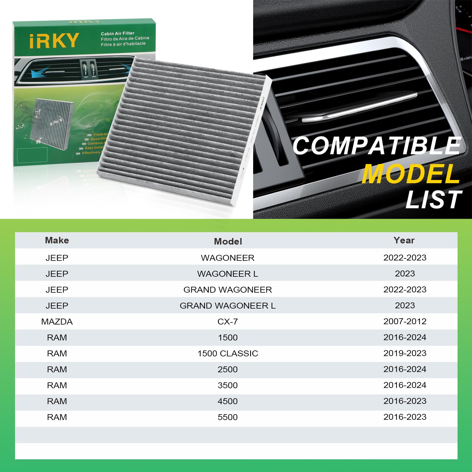 CF11671 Cabin Air Filter Replacement with Activated Carbon CP671 Compatible with RAM 1500/2500/3500 2016-2024 RAM 4500/5500 2016