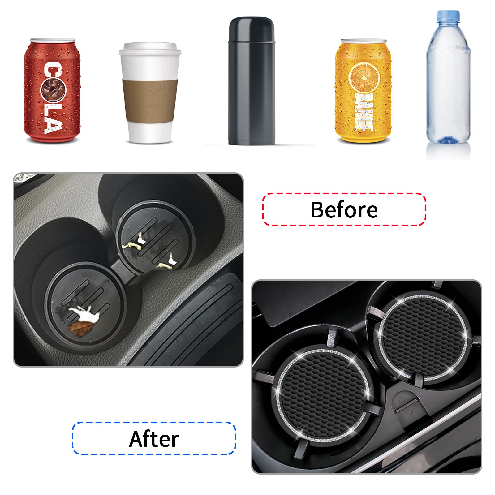Car Coasters, 4 Pack Universal Vehicle Bling Car Coaster, Cocases Crystal Rhinestone Coaster For Cup Holders, Car Interior Accessories 2.75'' Silicone Anti Slip Car Coasters For Women ( Black )