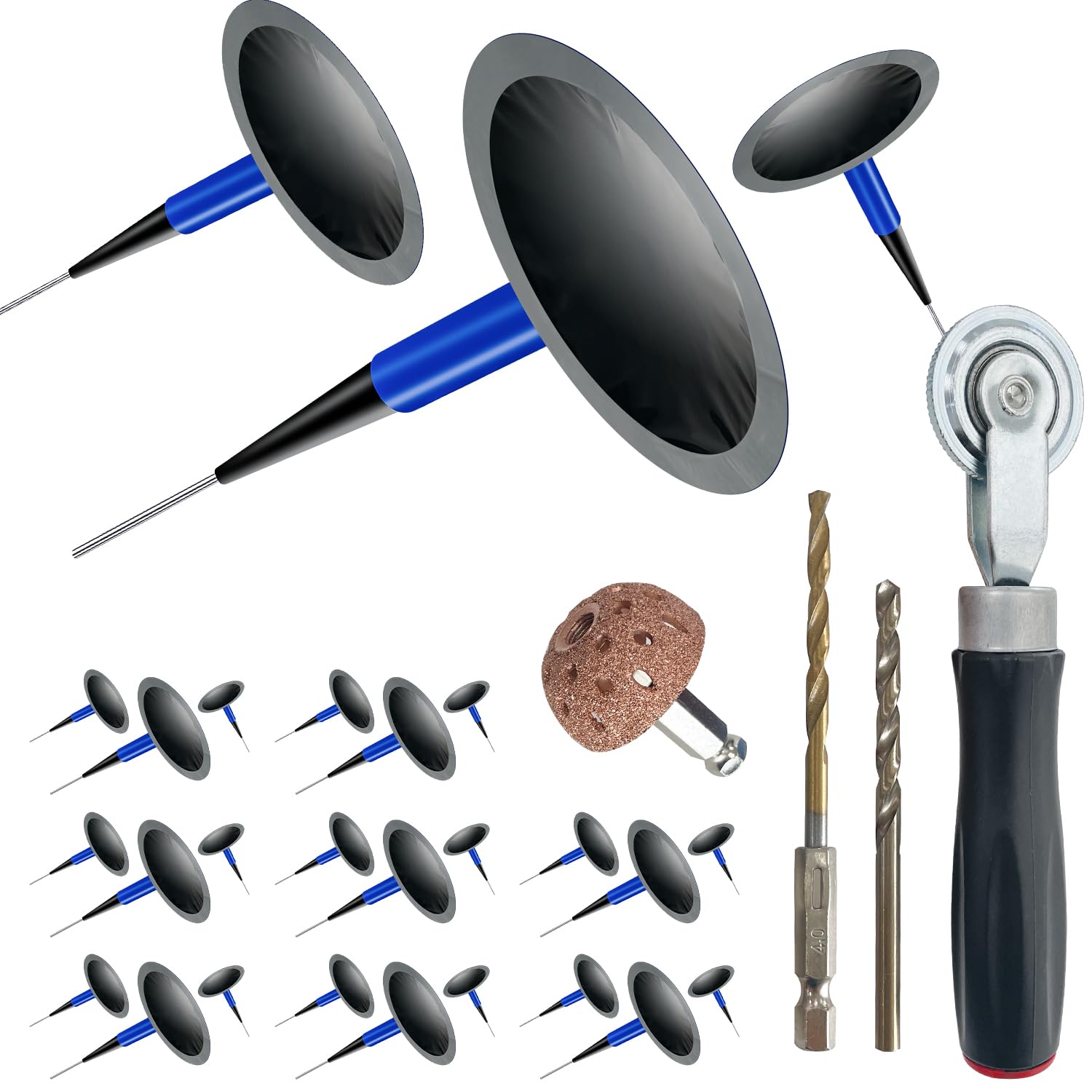 Socpuro Tire Repair Patch Tool Kit Including 24pcs Tire Patch Plugs, Tungsten Buffing Wheel, Tire Patch Roller with 4mm Twist Dr