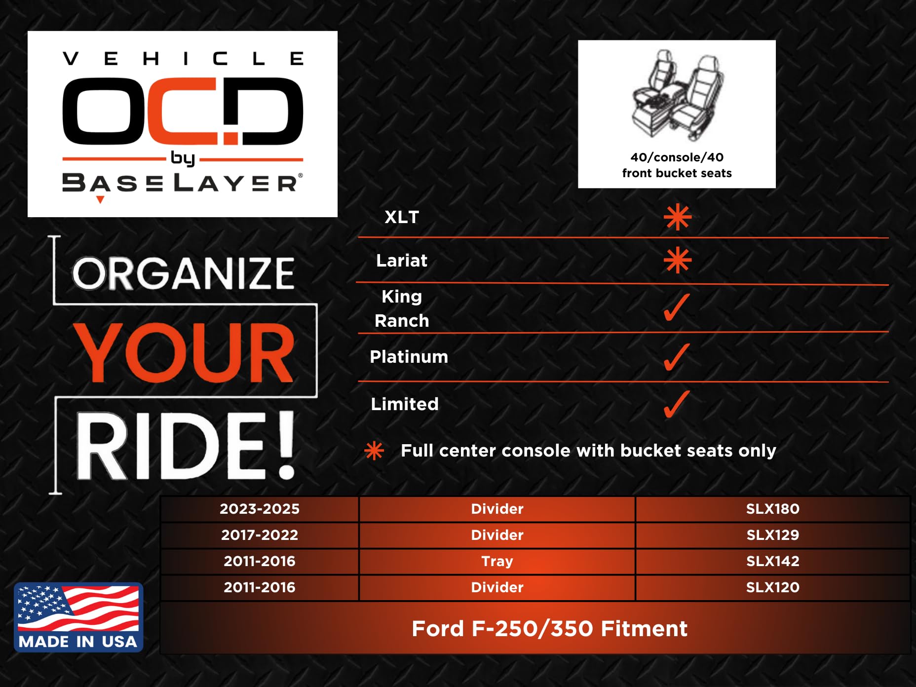 Vehicle OCD Center Console Organizer for Ford SuperDuty 2023-2026, SLX180, Black, Made in USA, Durable Plastic