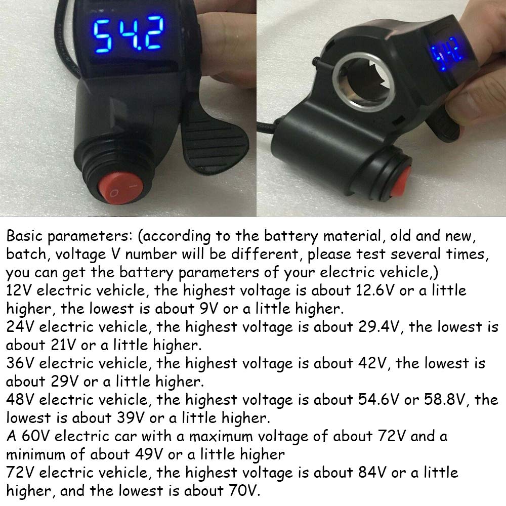 KOOBOOK 1Pcs 12V-72V E-Bike Universal Thumb Throttle LED Display Voltage Black Portable Digital Grips with Power Switch for Scoo