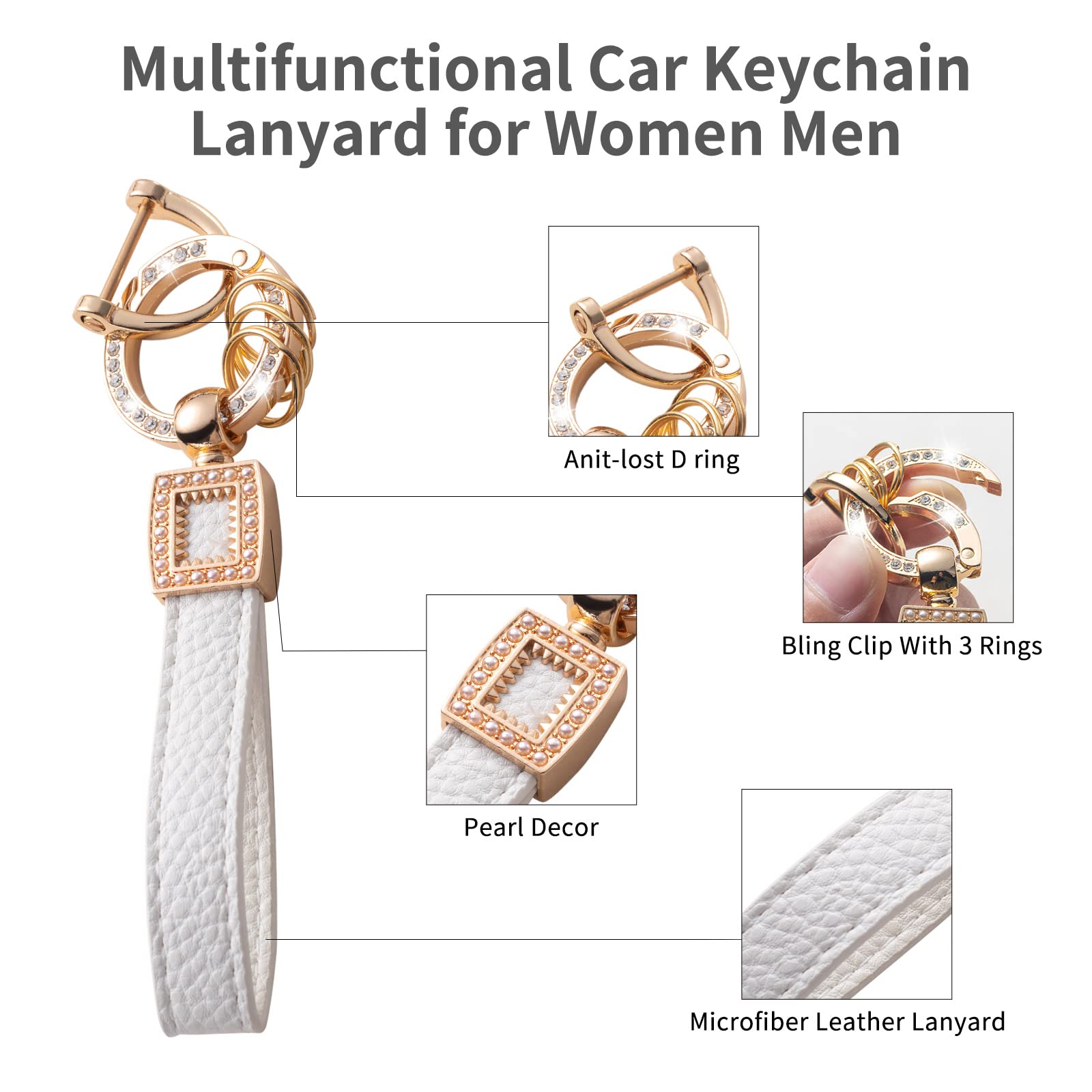 CACARLIKE Car Key Fob Cover with Leather Lanyard, Compatible with 2019-2023 Dodge RAM 1500-5500, White+Gold, 4 Button Protector