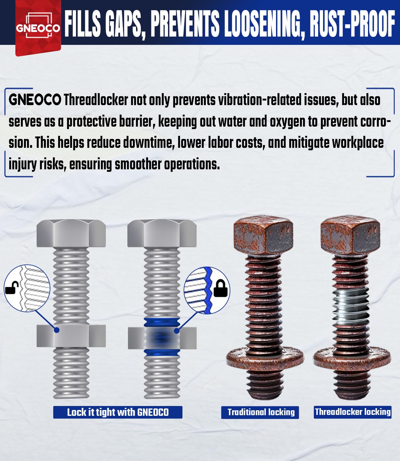 GNEOCO ThreadLocker Medium High Strength Lock Tight, 100ml, Blue, Model M243 H271 for Nuts, Bolts, Fasteners, and Metals