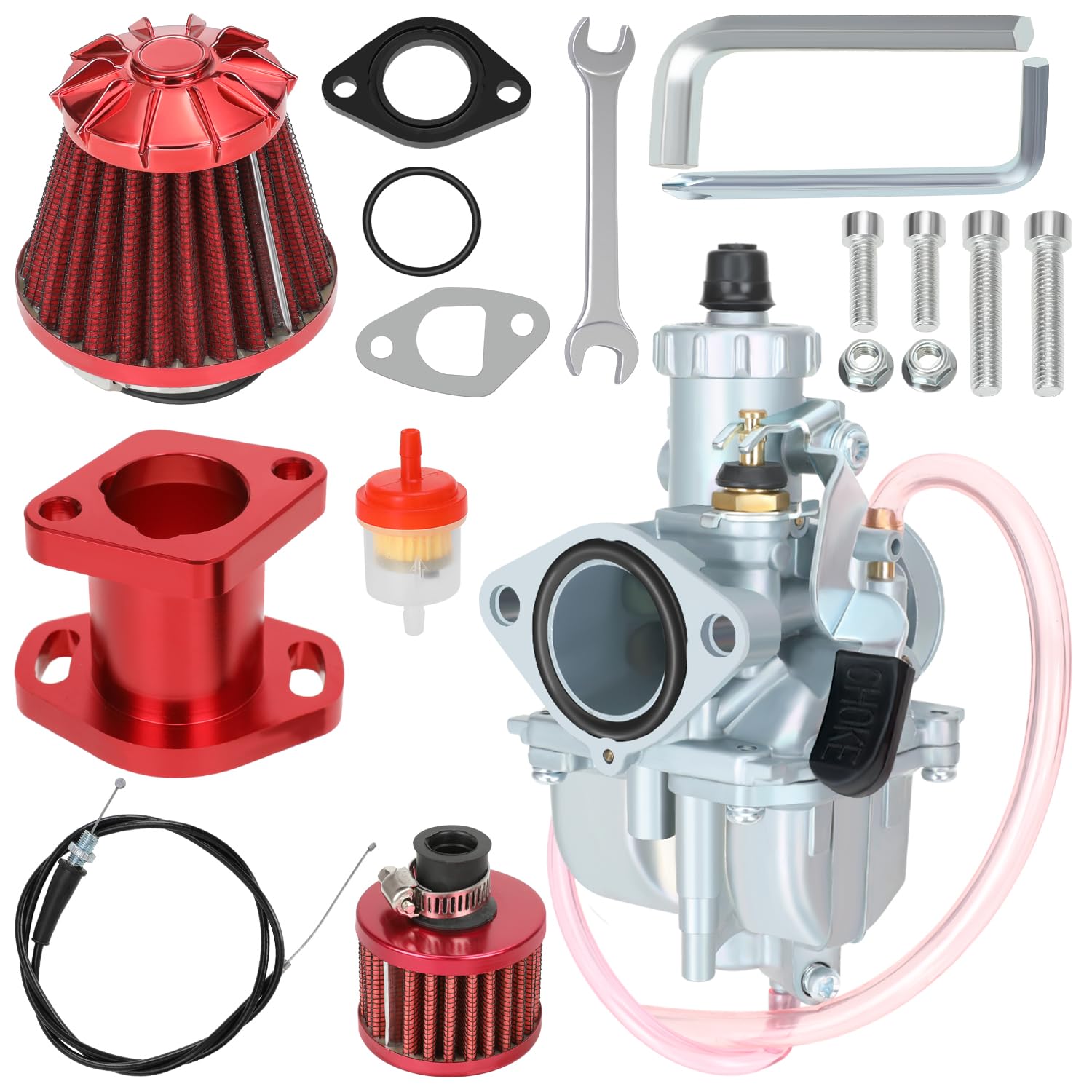 YOXUFA VM22 Carburetor Intake Pipe Kit for Predator 212cc Engine, Metal, A-Red, Model HYQ01-212, Go Kart Performance Parts