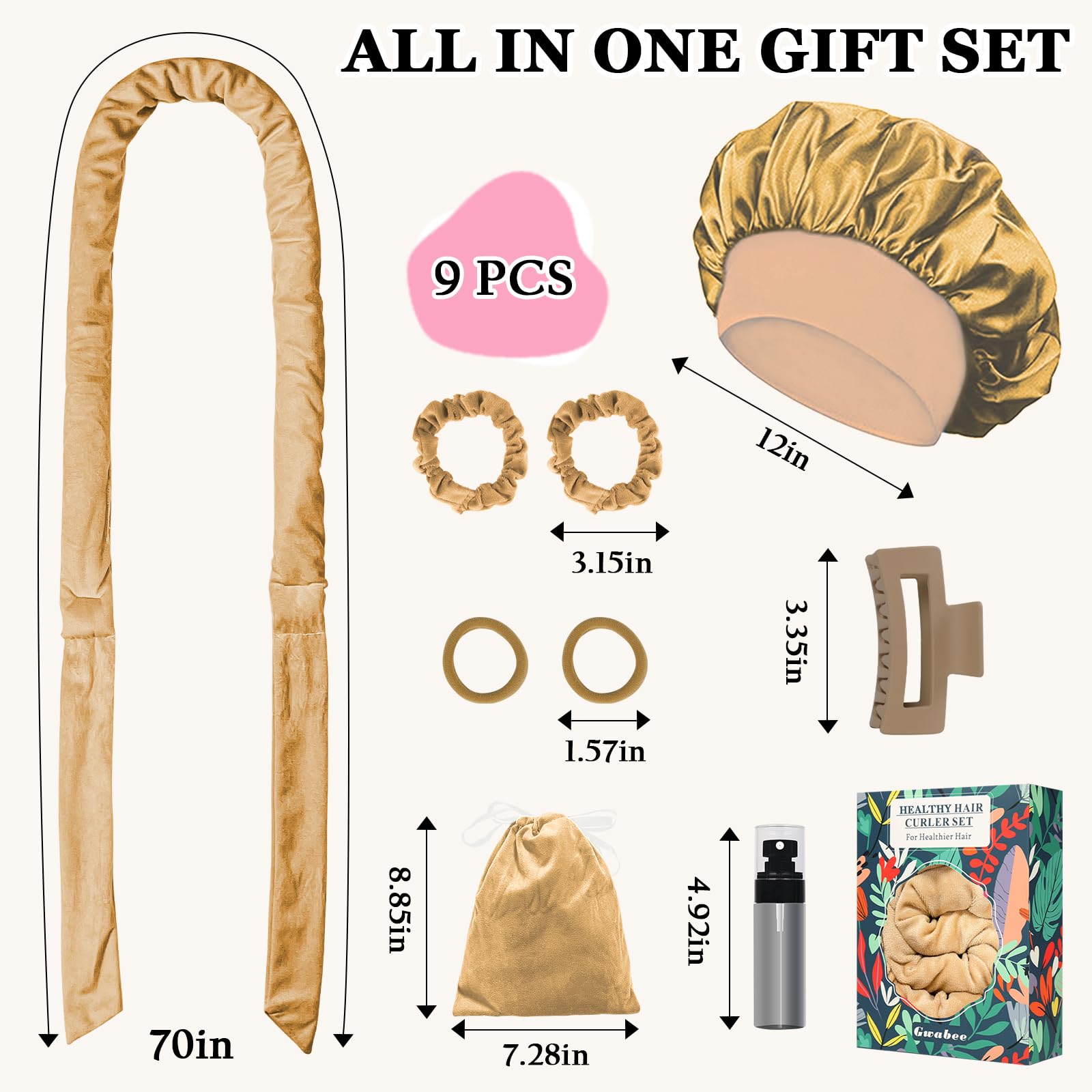Gwabee 70" Soft Hair Curlers - No Heat Curl Wrap, 9 Rods, Polyester, Khaki, Model 10027