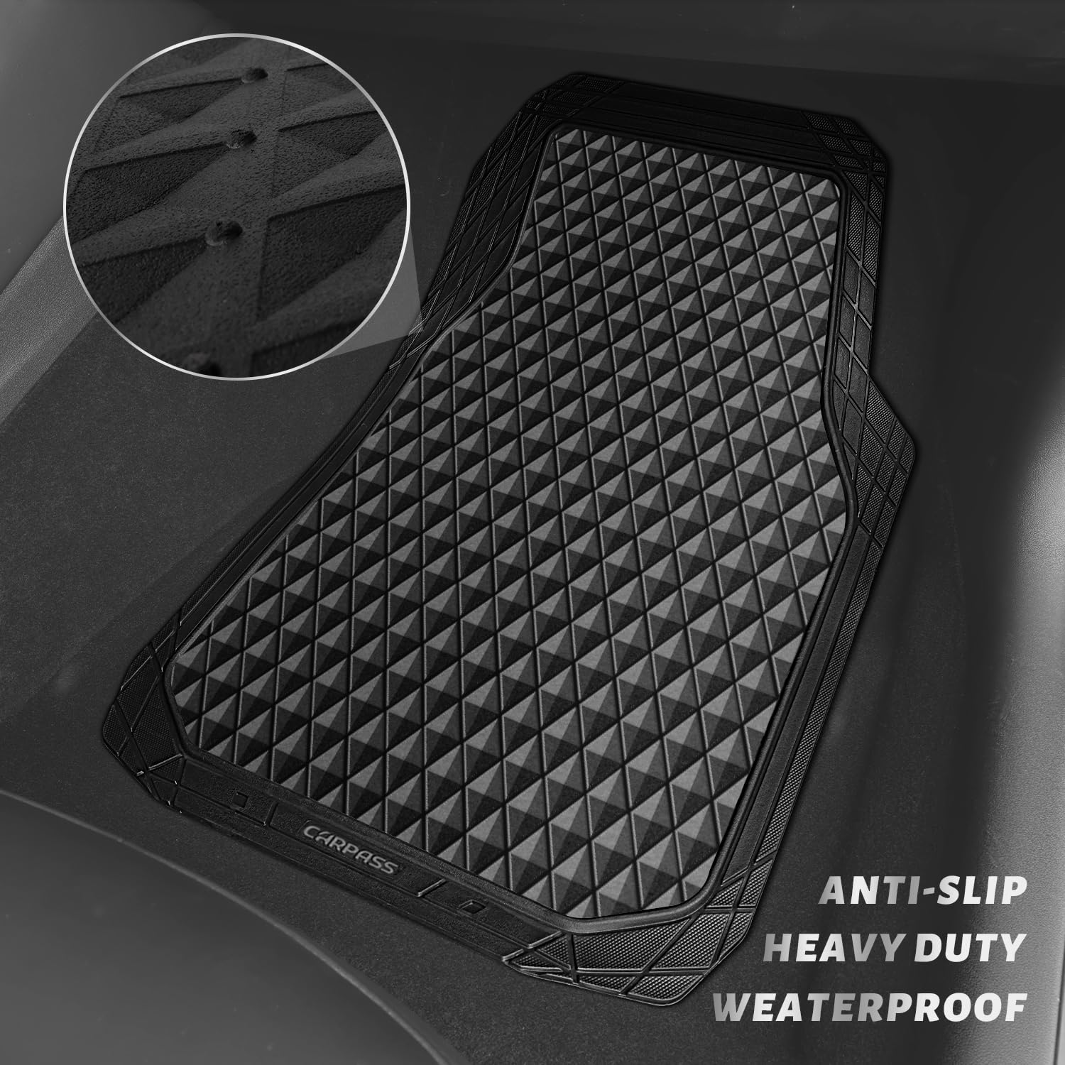 CAR PASS Black Rubber Car Mats, All-Weather Floor Mats Full Set Durable Anti-Slip 3D Rhombus Waterproof Automotive Pad Trim to F