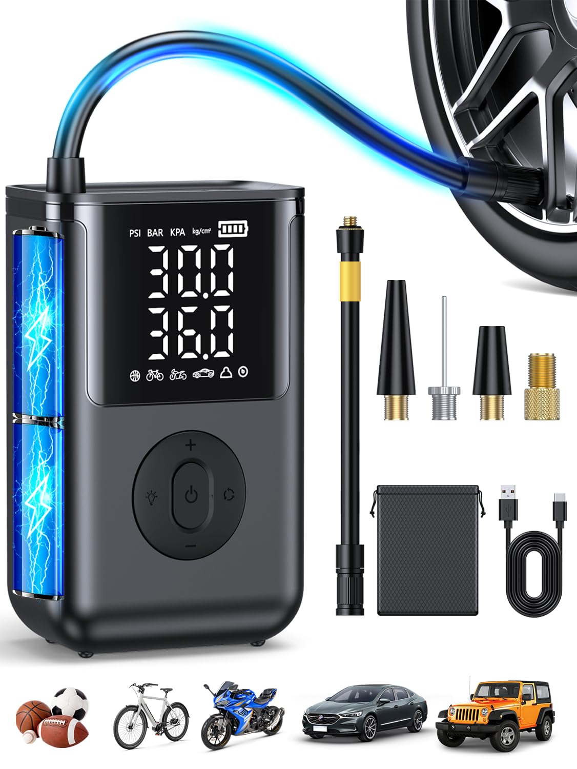 Tire Inflator Portable Air Compressor,160 PSI & 20000mAh Cordless Air Pump for Car Tires with Digital Pressure Gauge, Tire Pump 