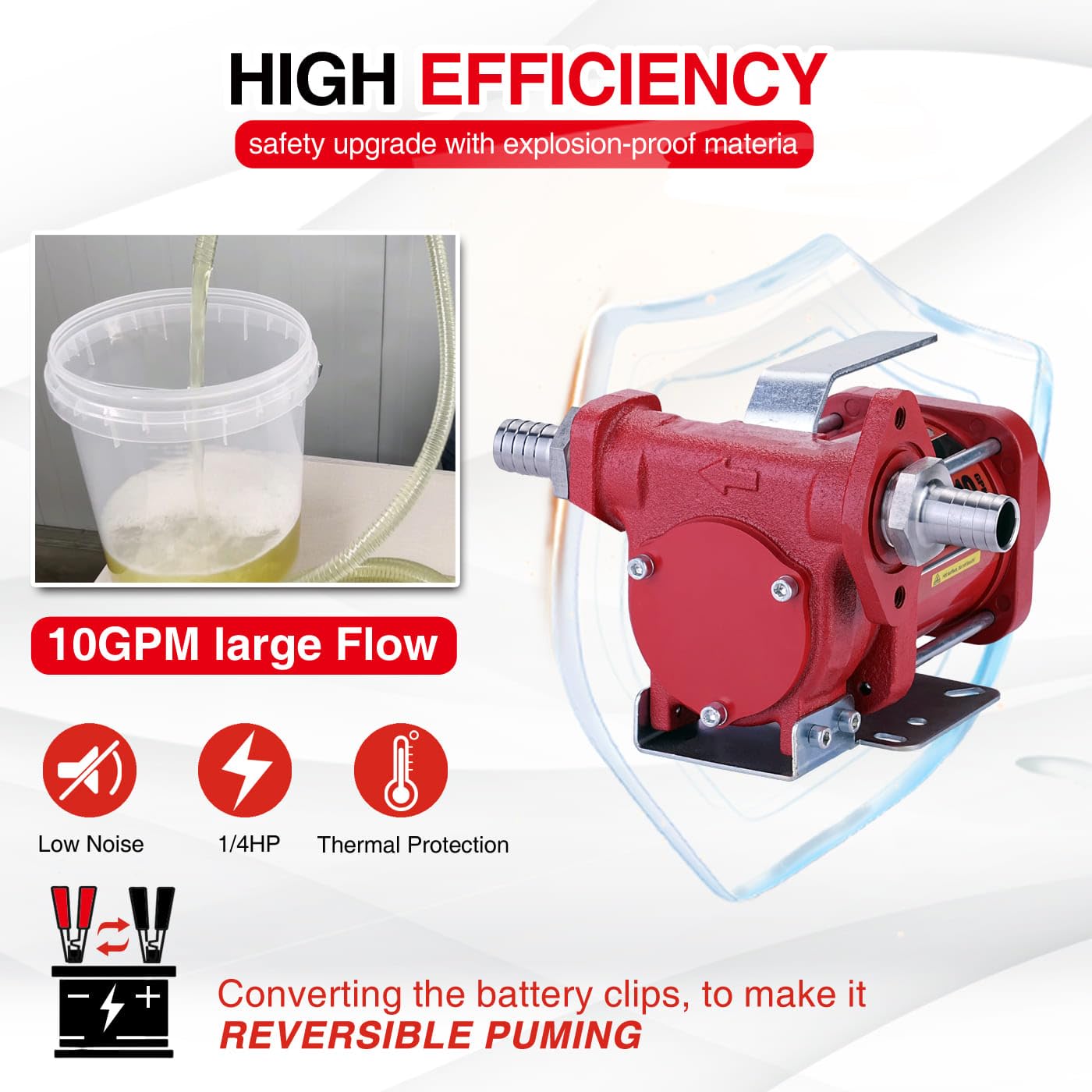 TOPWAY 12V DC Gasoline Fuel Pump - 10GPM Self-priming, Cast Iron, Overheat Protection, Model TOP07071, Explosion-Proof, Red