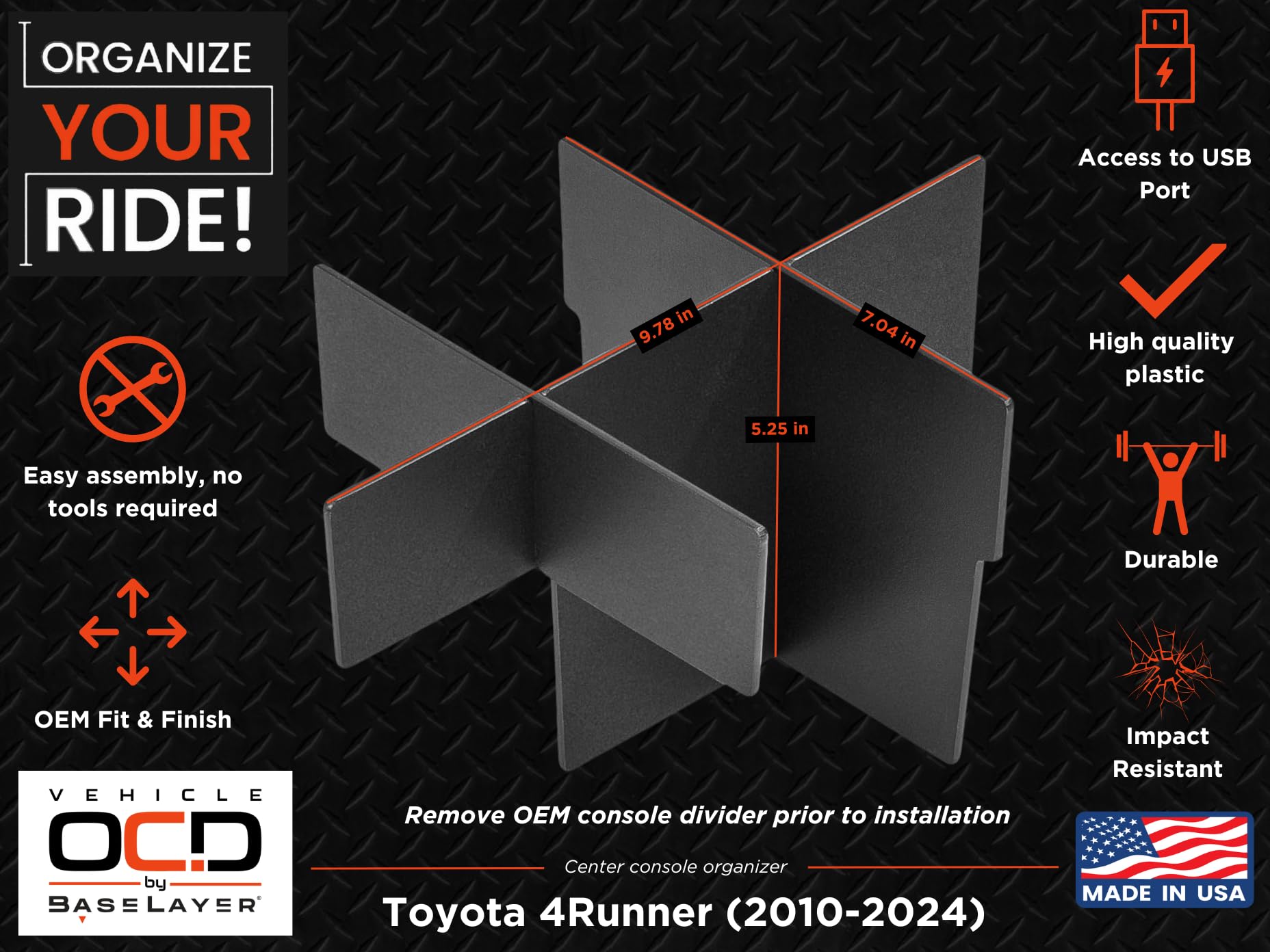 Vehicle Ocd - Center Console Divider, Tray, And Glove Box Organizer For Toyota 4Runner (2010-2024) - Made In Usa - Slx515