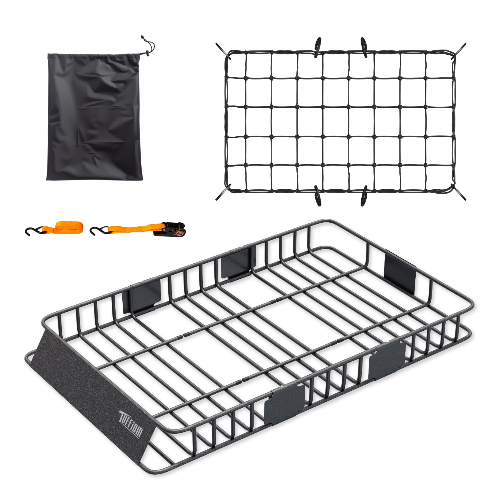 TUFFIOM 64x 39x 6 Extendable Rooftop Cargo Carrier Basket, Universal Steel Roof Rack Basket w/Net+Storage Bag+Straps, Heavy Duty