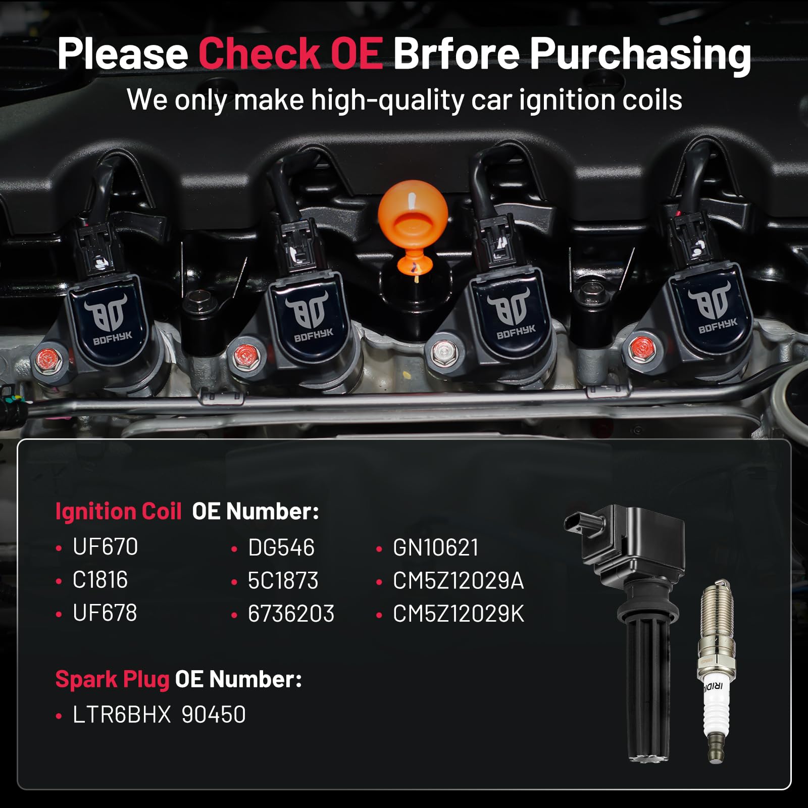 BDFHYK Ignition Coil Pack UF670 and Iridium Spark Plugs LTR6BHX Compatible with Ford Edge Escape Explorer Focus Fusion Mustang,J