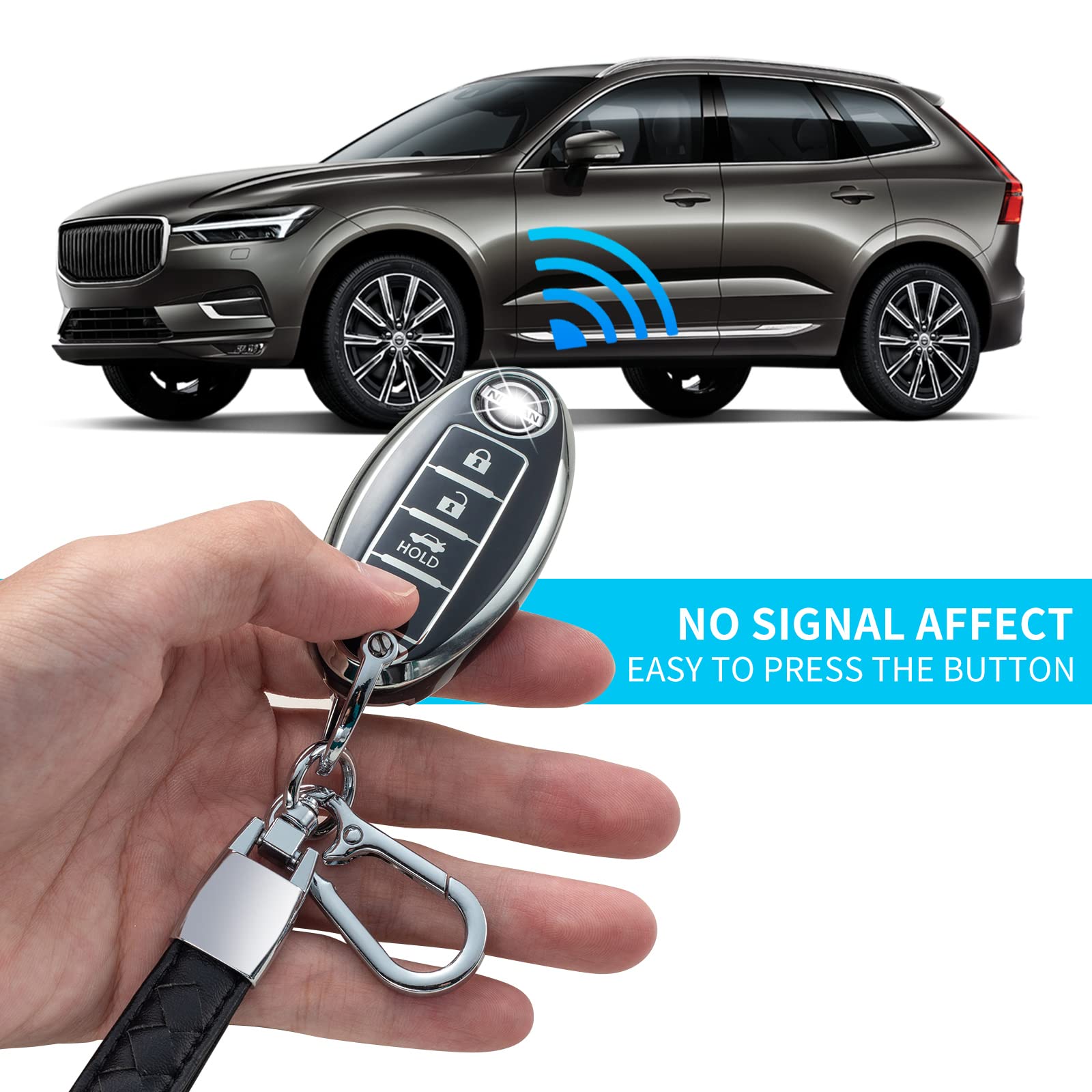 Chezenhui Compatible With Nissan Key Fob Cover With Leather Lanyard, Car Key Case Shell Protection For Nissan Altima Rogue Sentra Pathfinder Frontier Maxima Titan 4 Button Remote Smart Key, Black