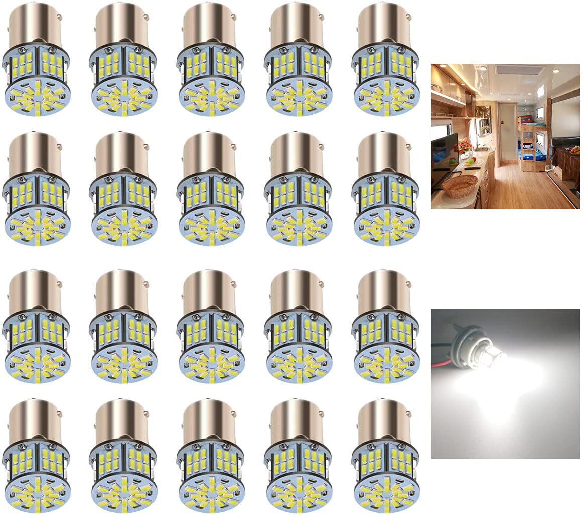 Kisled 12V Rv Led Interior Lights, 20 Packs 1141 1156 1003 1073 Ba15S 7506 Led Bulbs For Rv Camper Trailer Boat Trunk Interior Indoor Tail Lights, White - 6000K