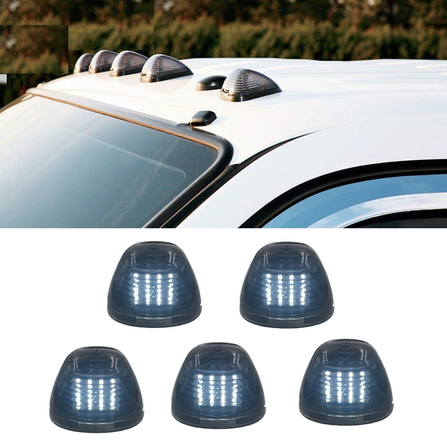 5 X Cab Marker Light, Smoke Lens White 16 Led Roof Running Lights, Top Clearance Light W/Wiring Pack For 1999-2016 Ford F150 F25