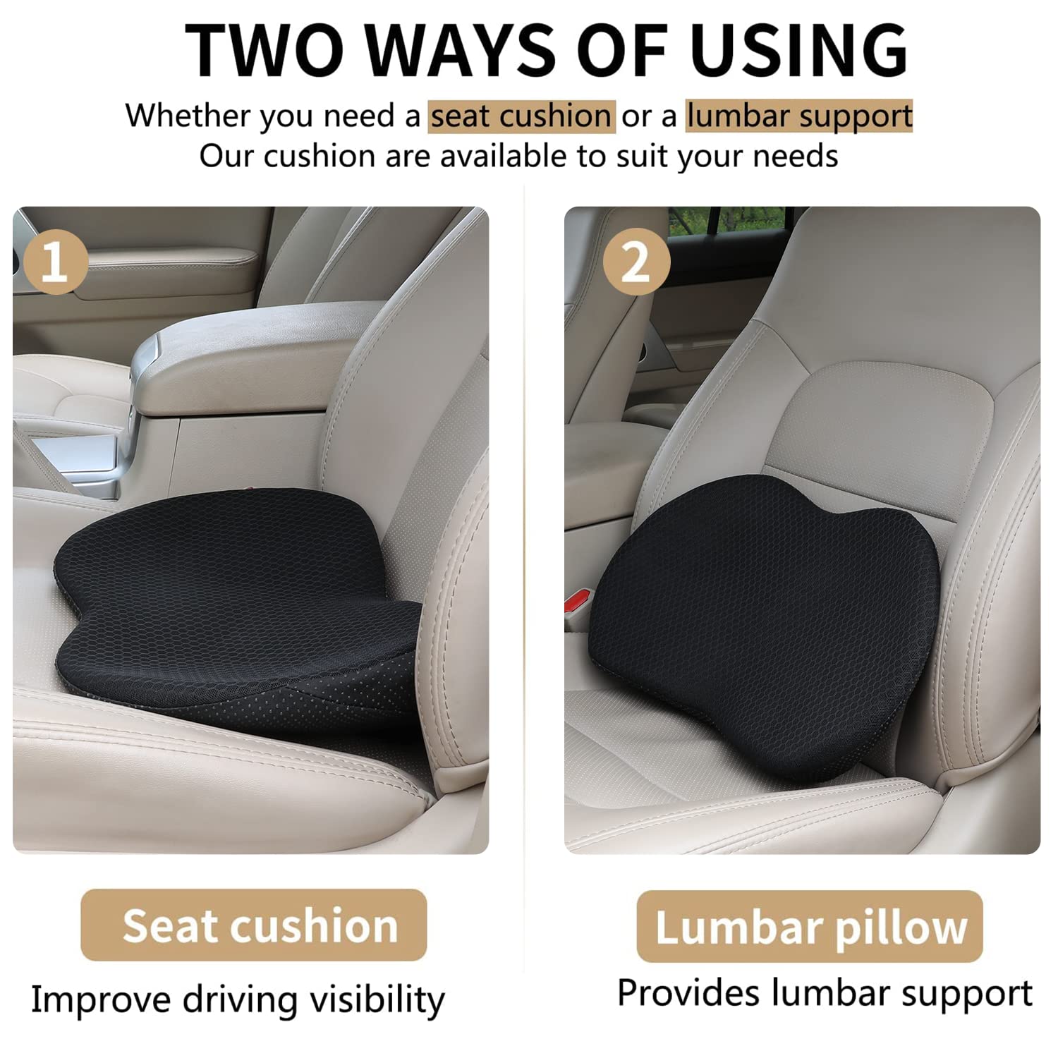 Livtribe Black Memory Foam Car Seat Cushion - Sciatica Relief Pad for Driving - Small Road Trip Essential